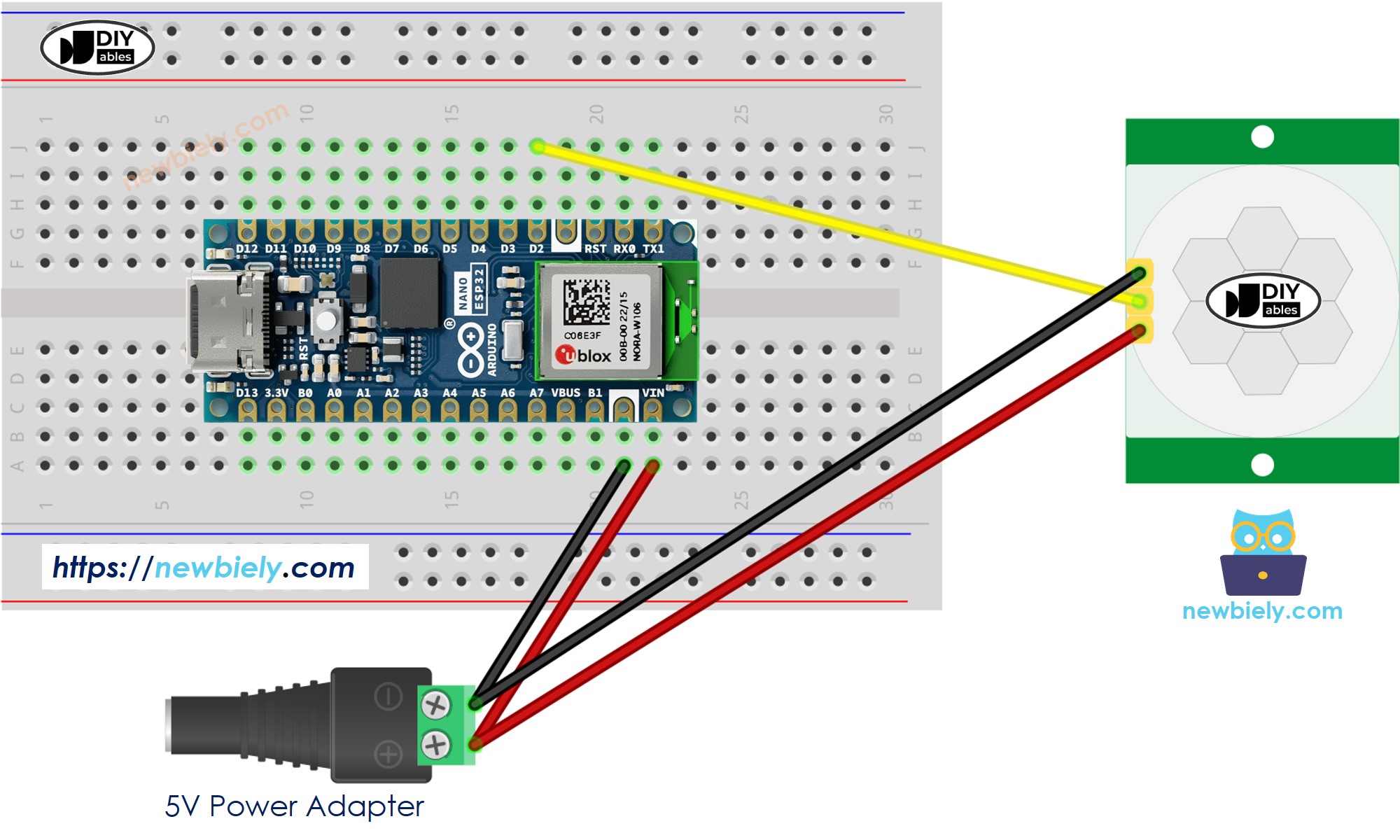 Diagrama de Ligação do Sensor de Movimento com o Arduino Nano ESP32 usando adaptador de alimentação externo