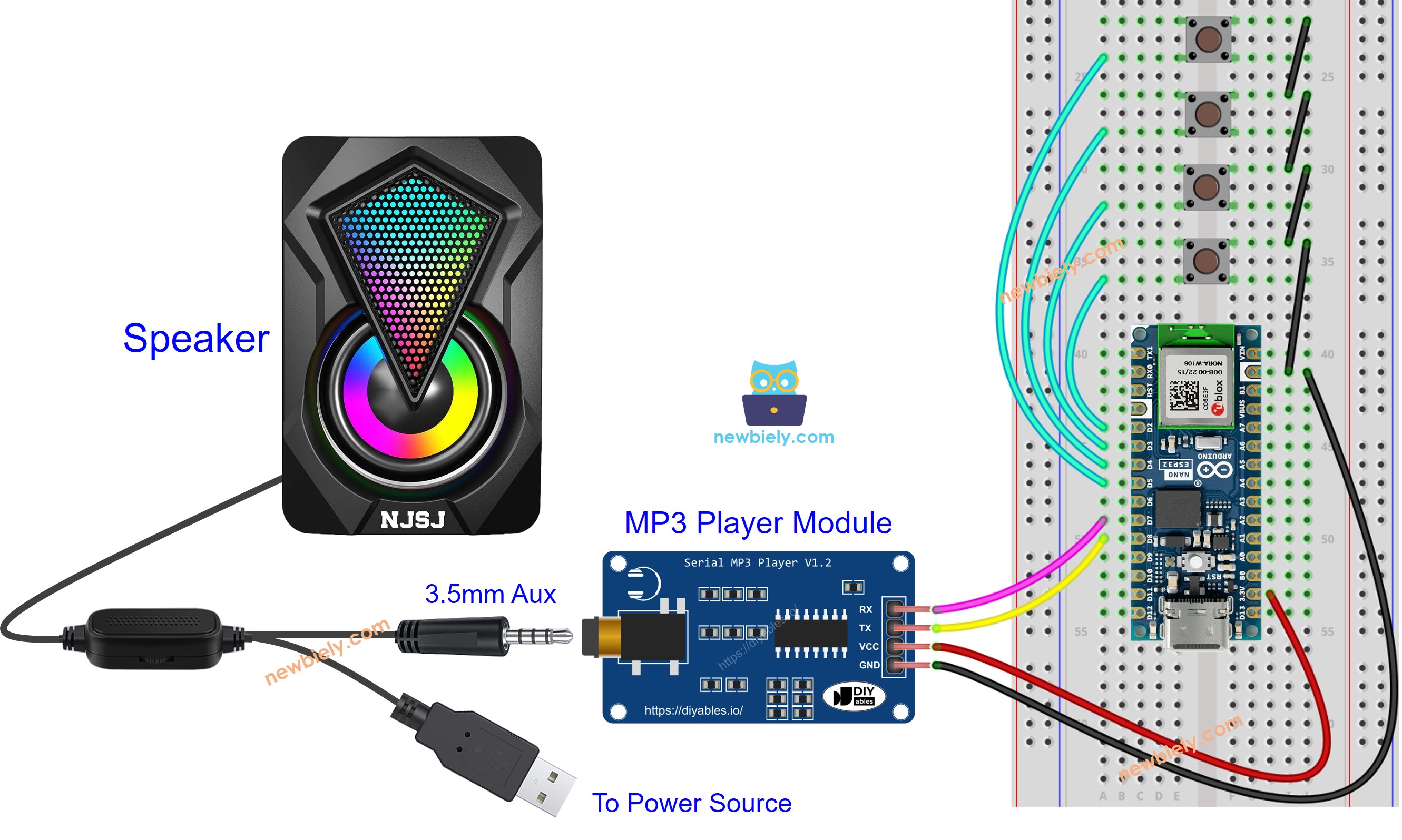 Diagrama de ligação do player de MP3 com alto-falante e Arduino Nano ESP32