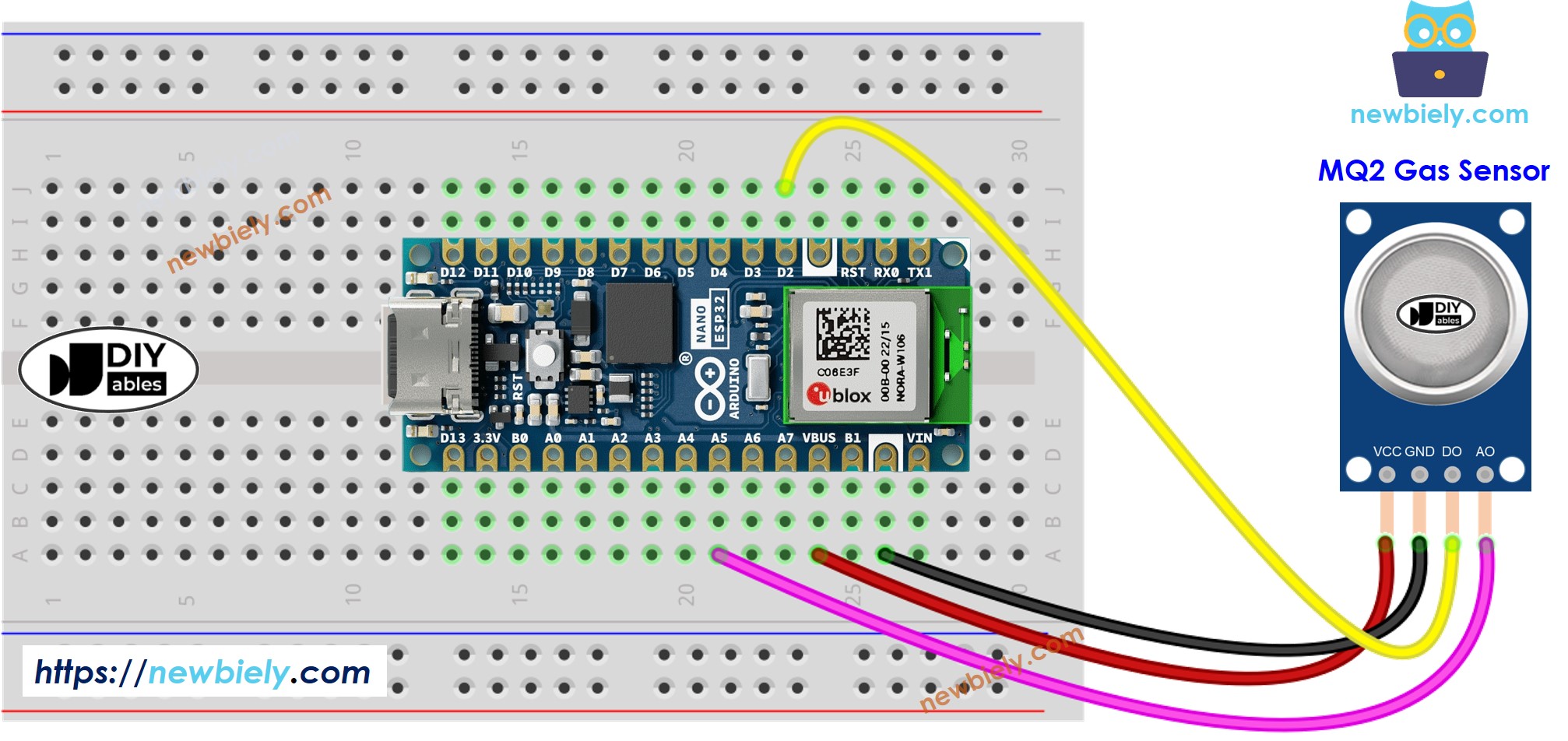 Diagrama de ligação do sensor de gás MQ2 com o Arduino Nano ESP32