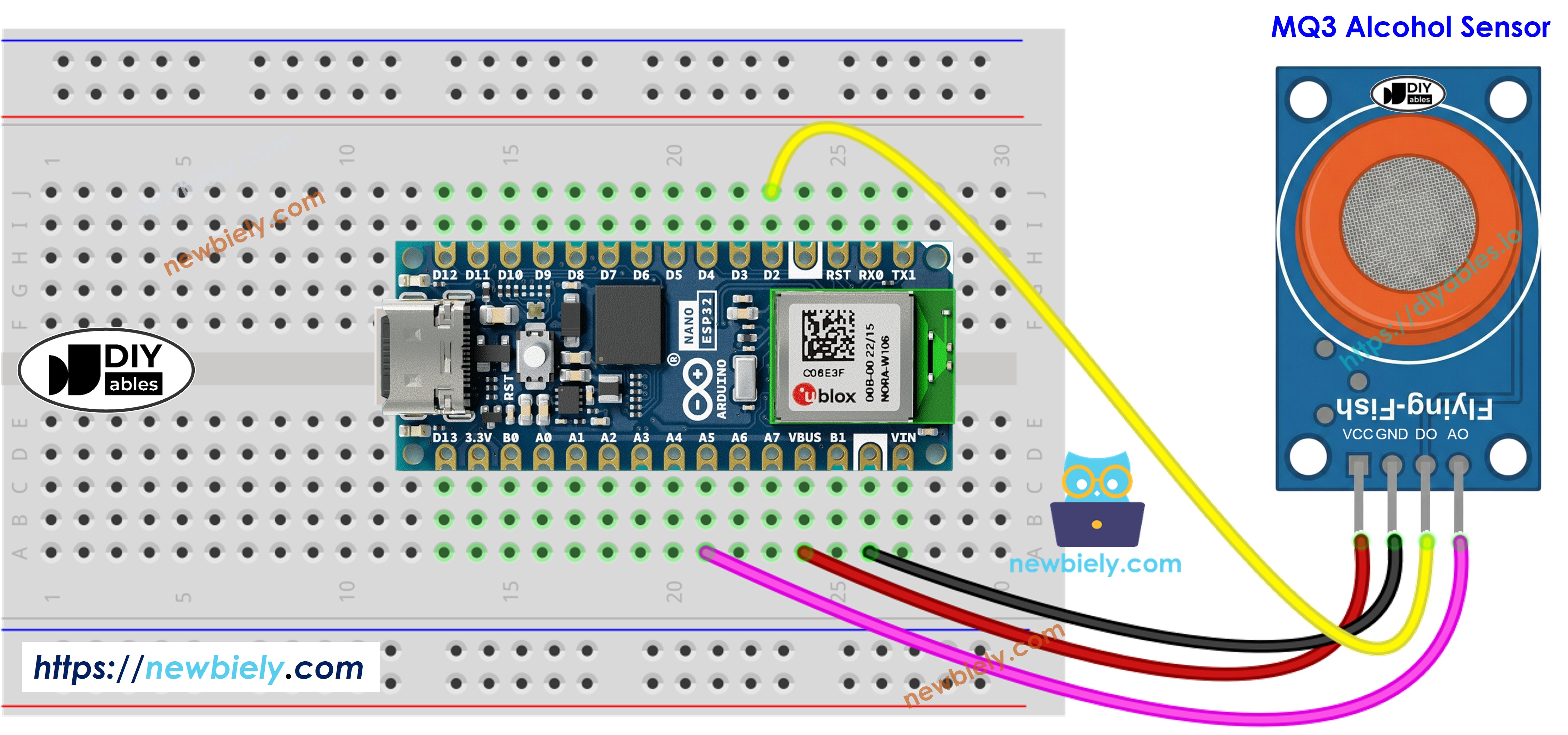 Diagrama de ligação do sensor de álcool MQ3 com o Arduino Nano ESP32