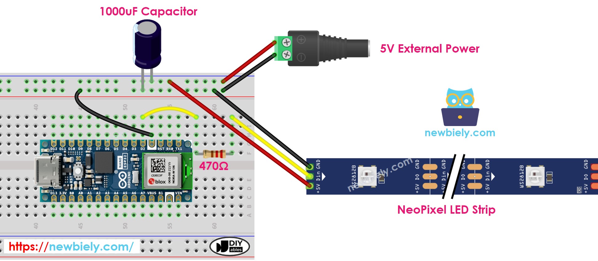 Diagrama de Ligação da fita LED RGB NeoPixel do Arduino Nano ESP32