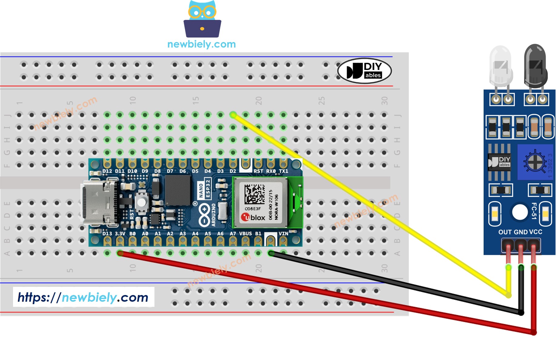 Diagrama de ligação do sensor IR de desvio de obstáculos com o Arduino Nano ESP32