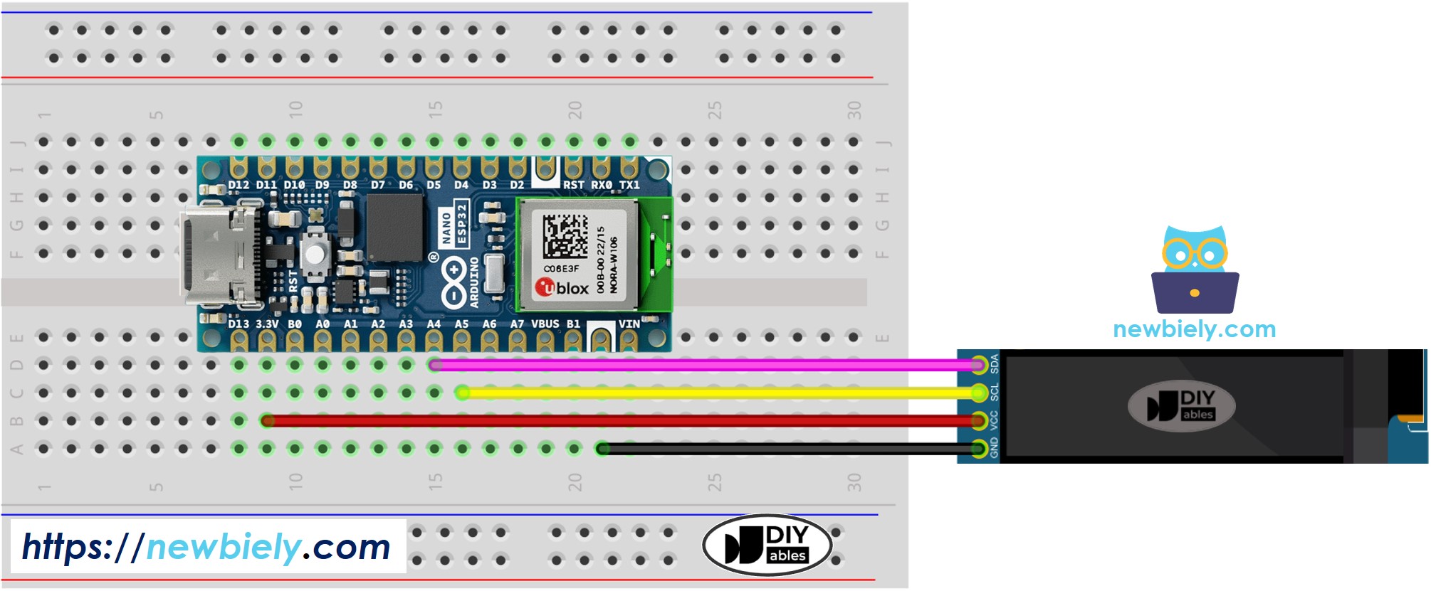 Diagrama de ligação do OLED 128x32 com Arduino Nano ESP32
