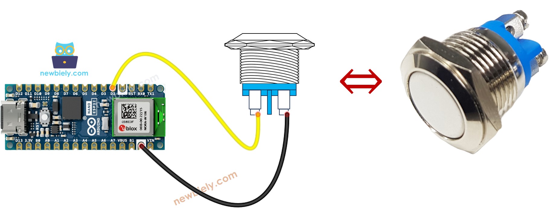 Diagrama de Ligação do botão de pressão de dois pinos com o Arduino Nano ESP32