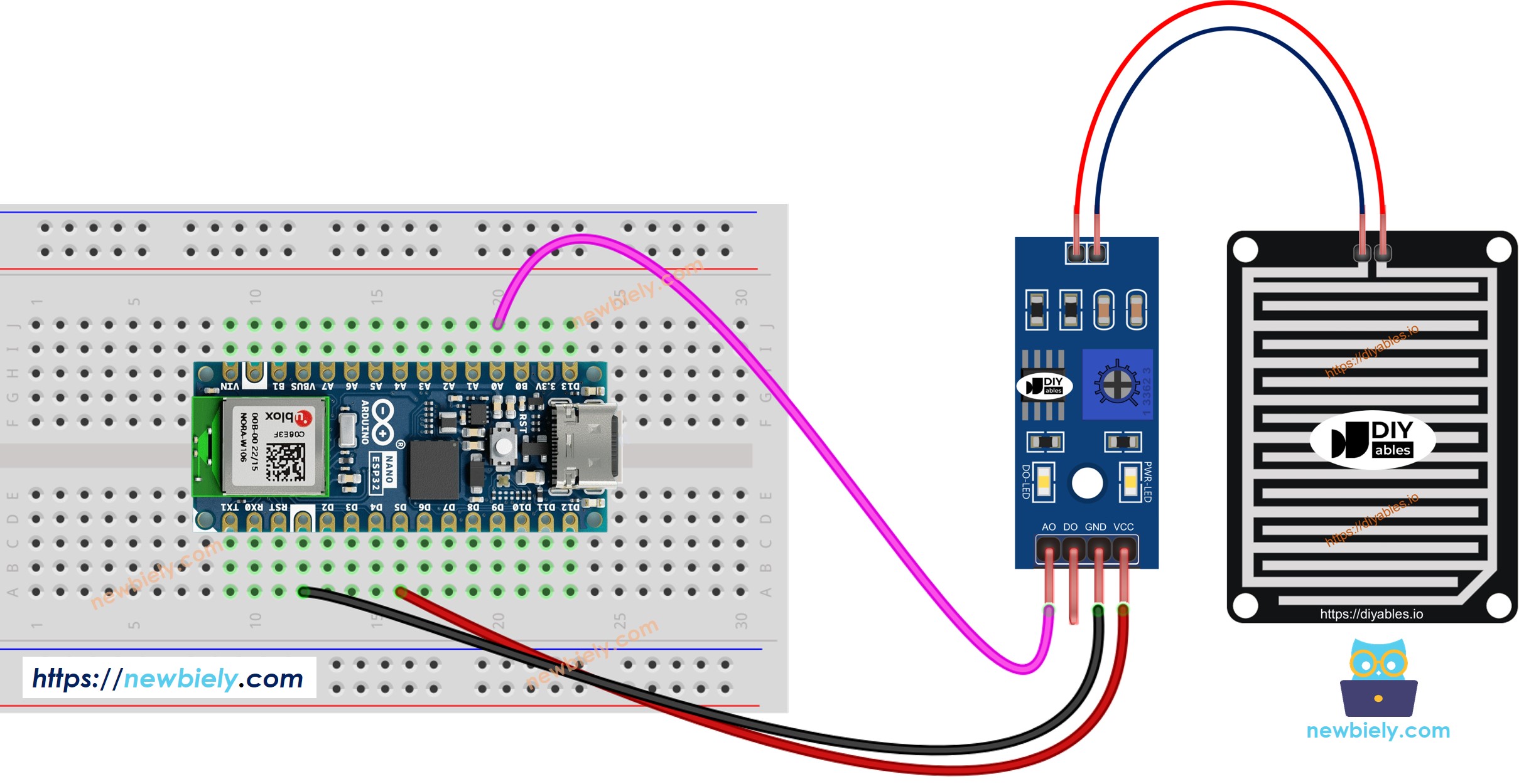 Diagrama de ligação da detecção de chuva com o Arduino Nano ESP32
