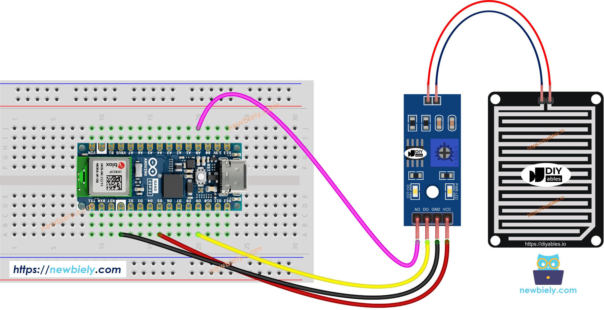 Diagrama de ligação do detector de chuva com o Arduino Nano ESP32