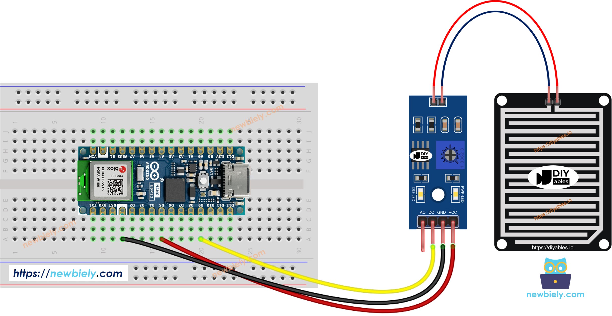 Diagrama de ligação do sensor de chuva com o Arduino Nano ESP32