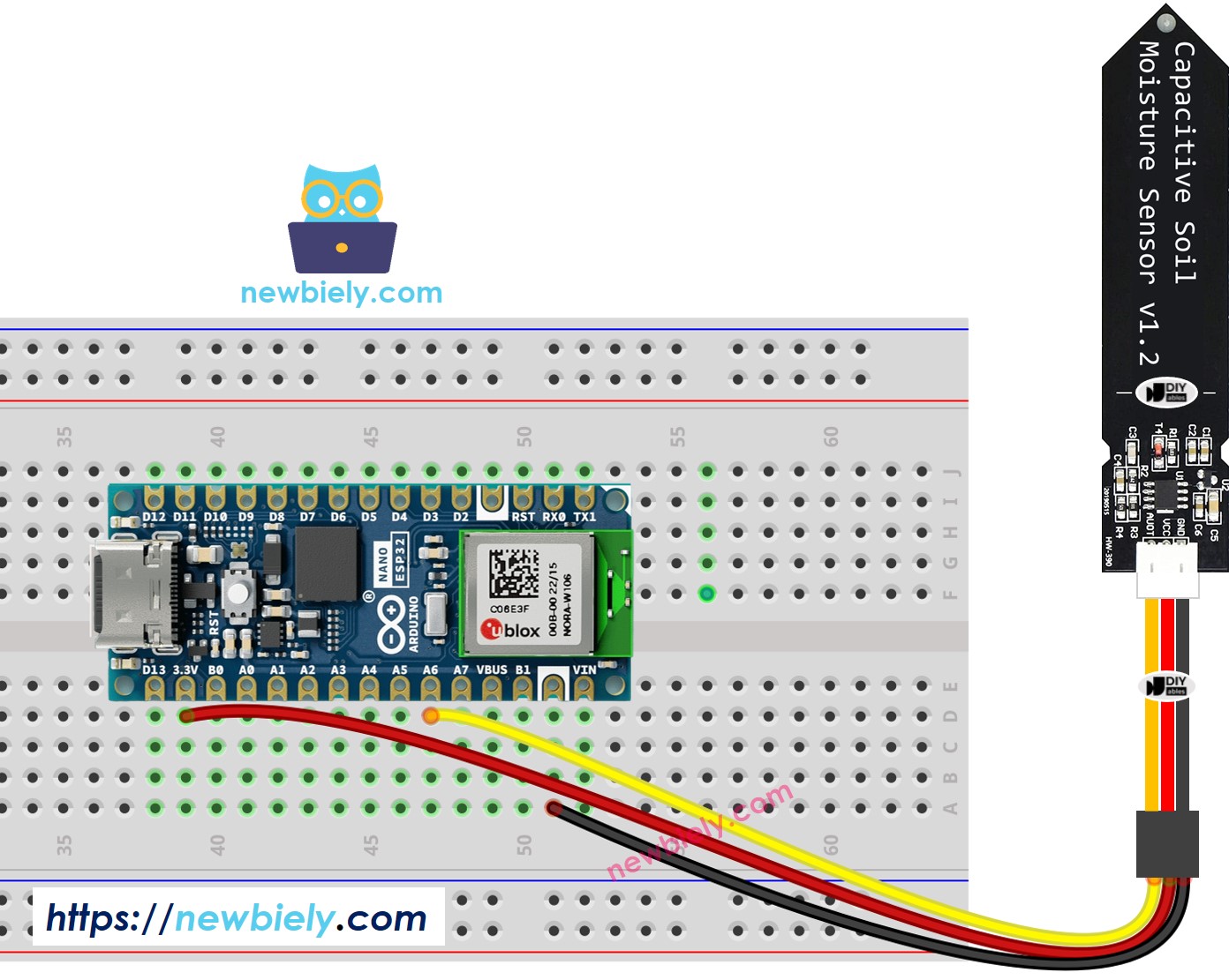 The wiring diagram between Arduino Nano ESP32 and soil moisture sensor
