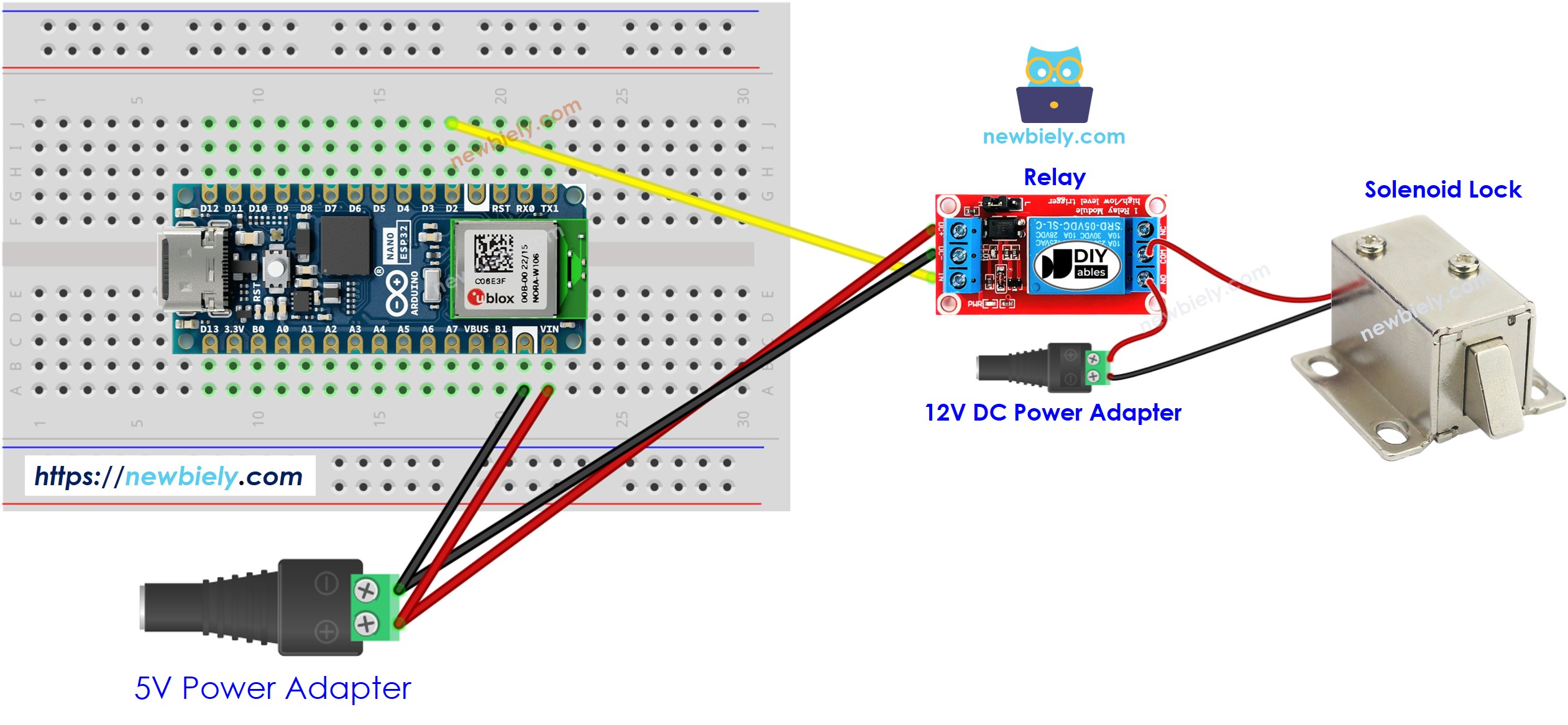 Diagrama de ligação da trava solenoide com o Arduino Nano ESP32