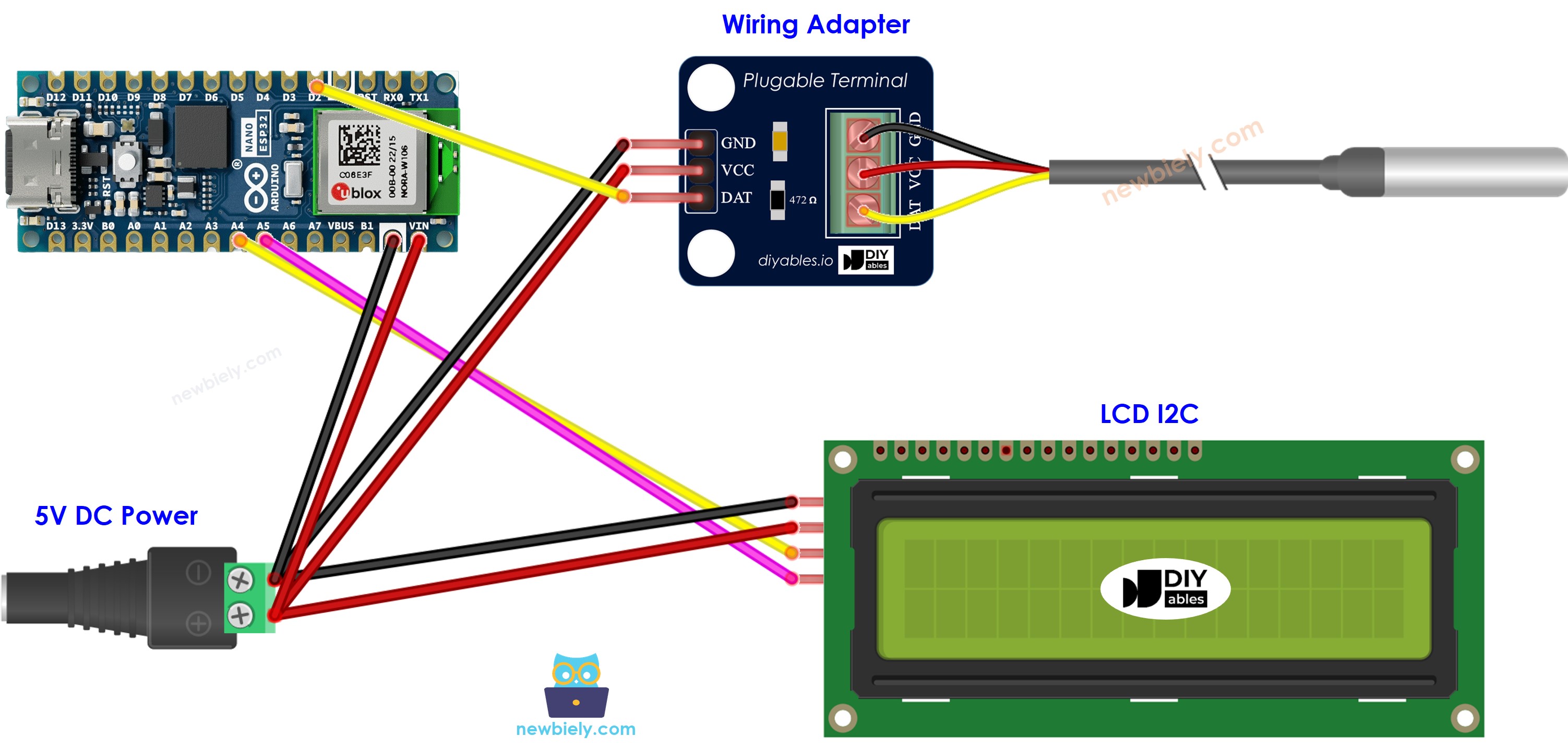 Diagrama de Ligação do Sensor de Temperatura com LCD no Arduino Nano ESP32