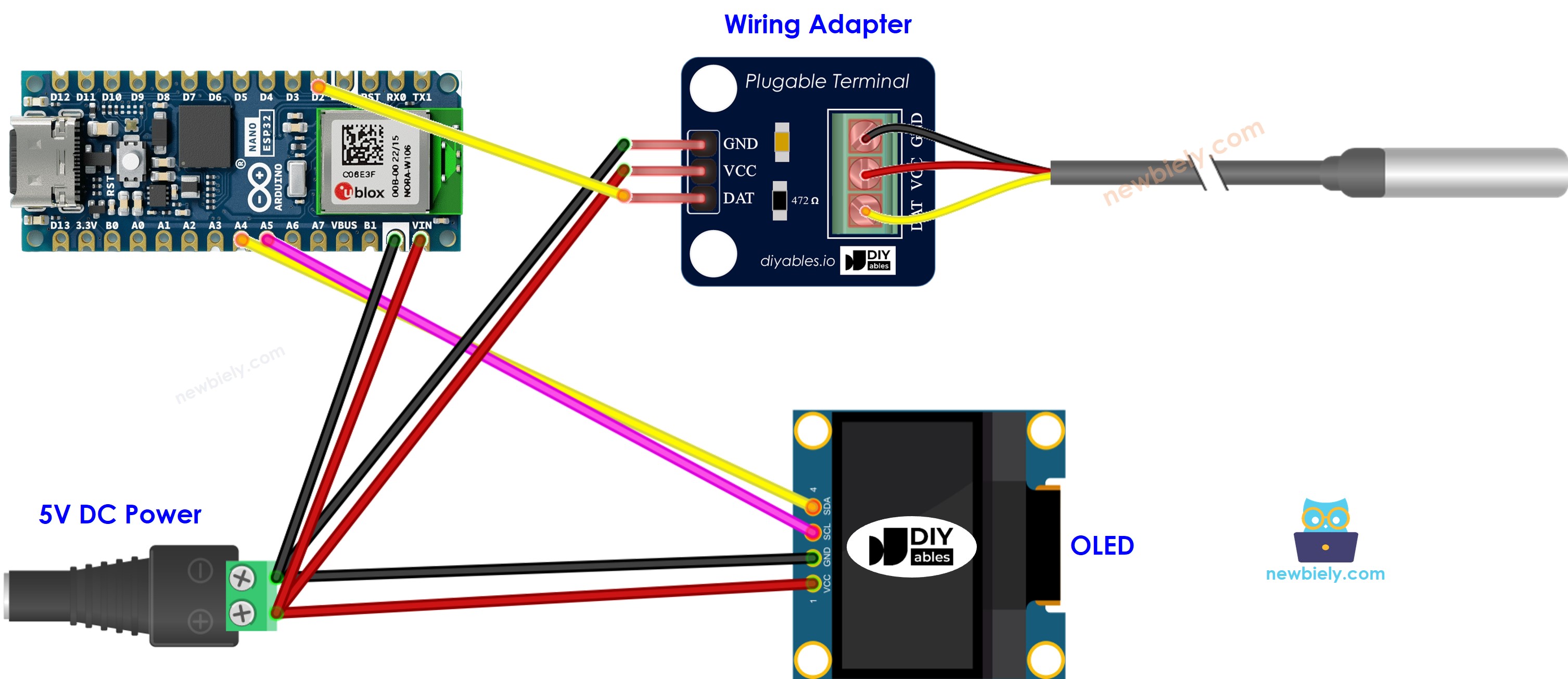 Diagrama de Ligação do Sensor de Temperatura DS18B20 com OLED no Arduino Nano ESP32