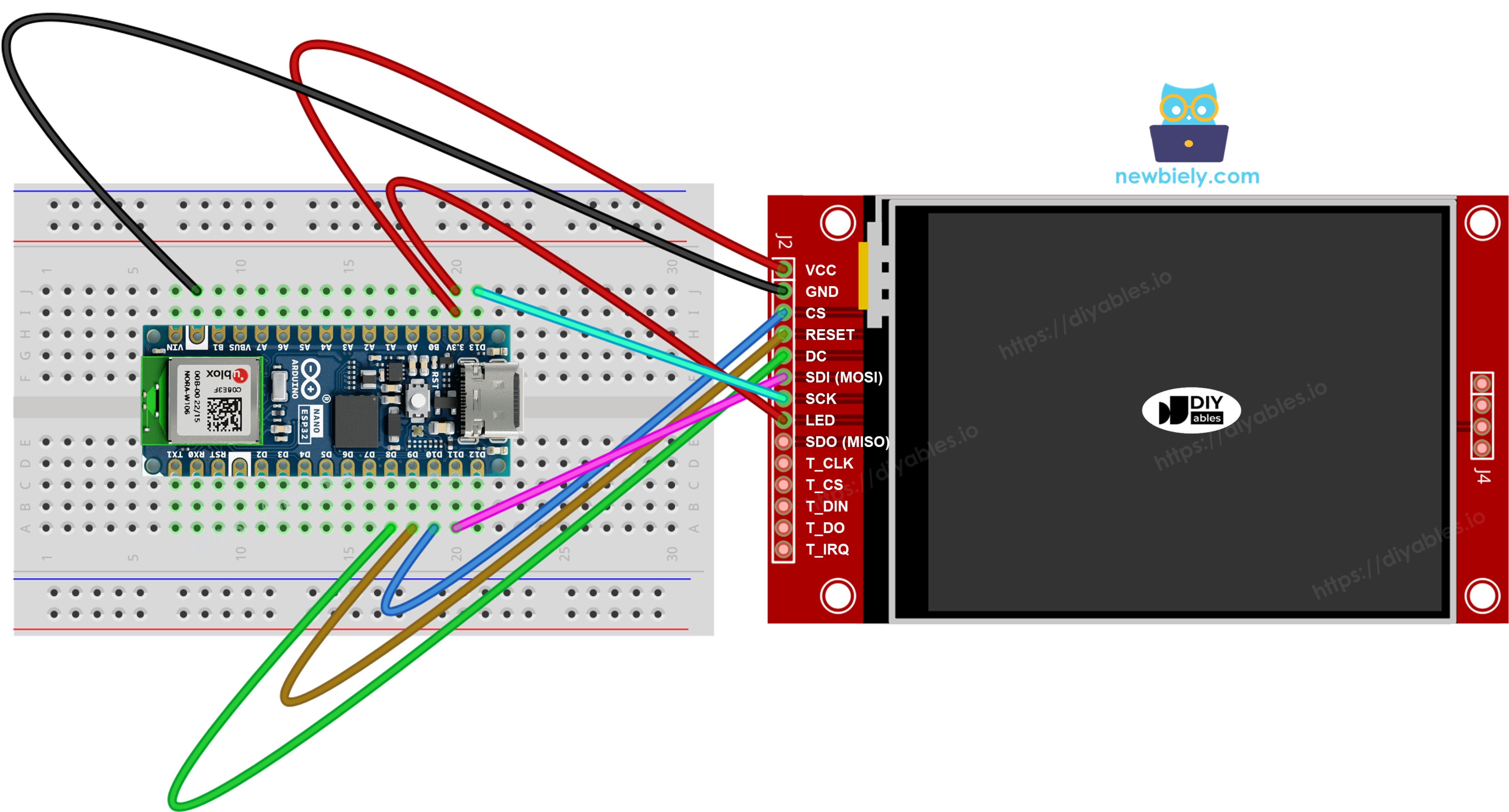 Diagrama de ligação do display TFT SPI do Arduino Nano ESP32 sem touch