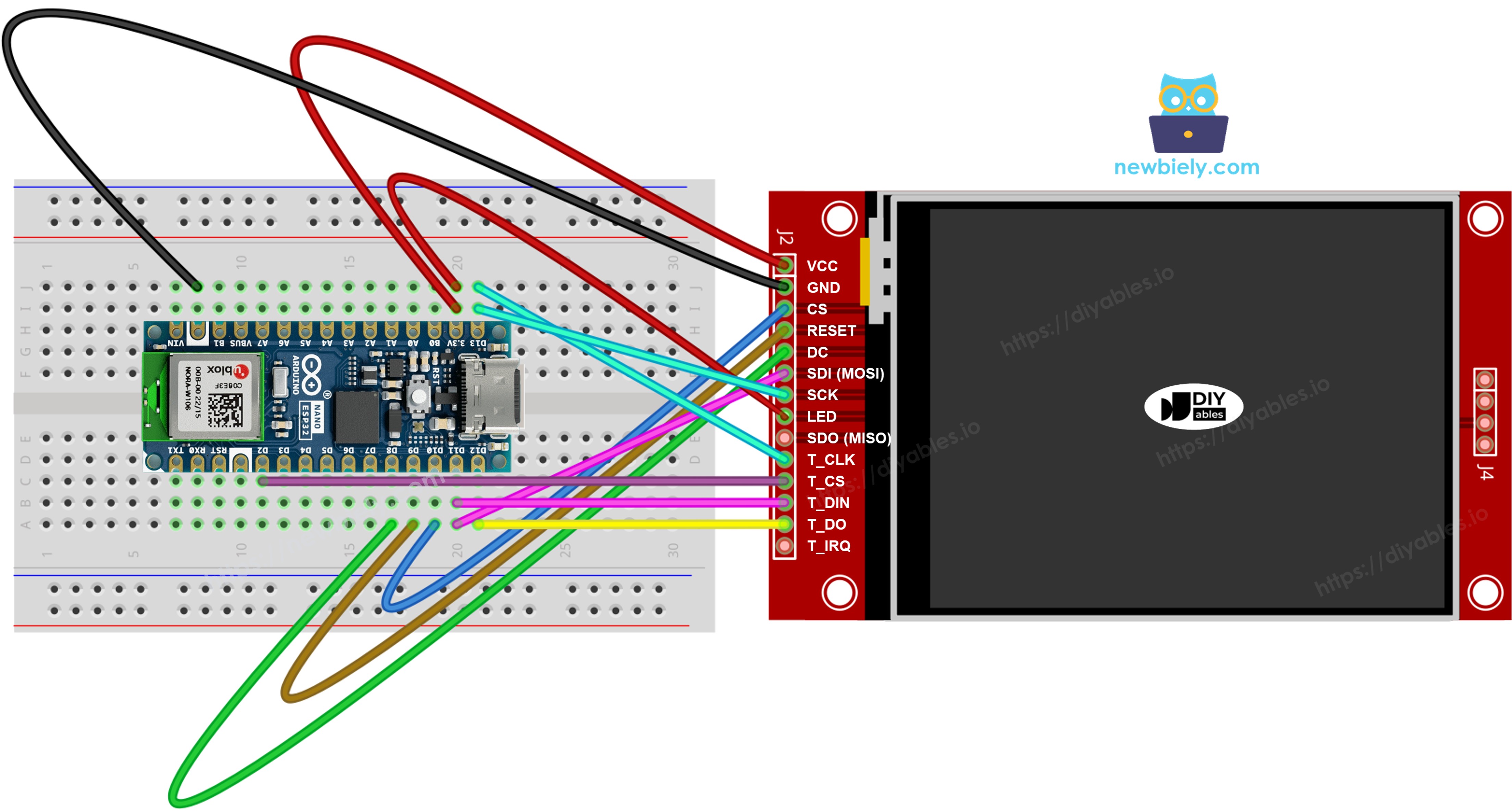 Diagrama de ligação do display TFT SPI do Arduino Nano ESP32 com touch