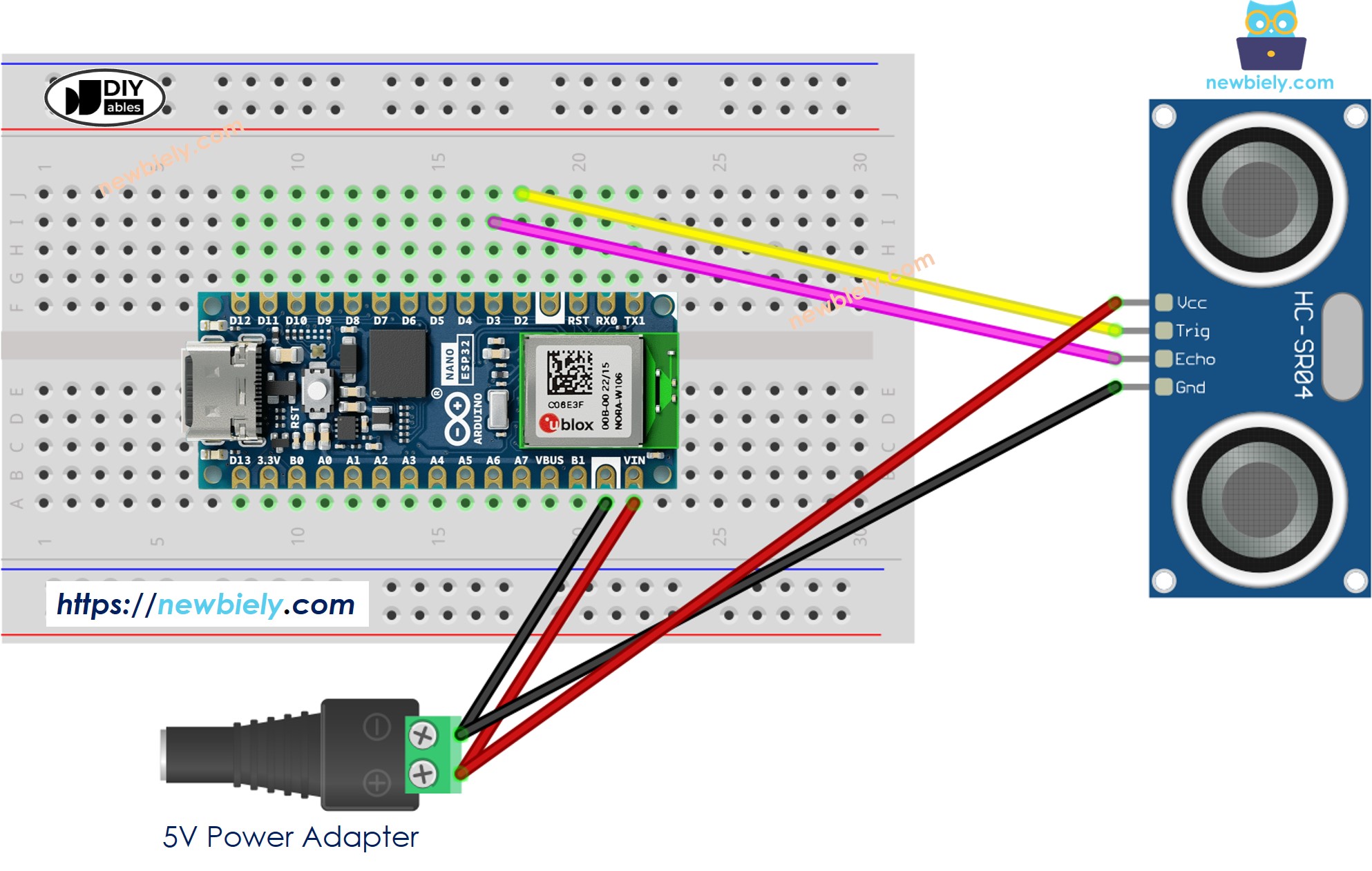 Diagrama de ligação do sensor ultrassônico com o Arduino Nano ESP32 usando fonte de alimentação externa