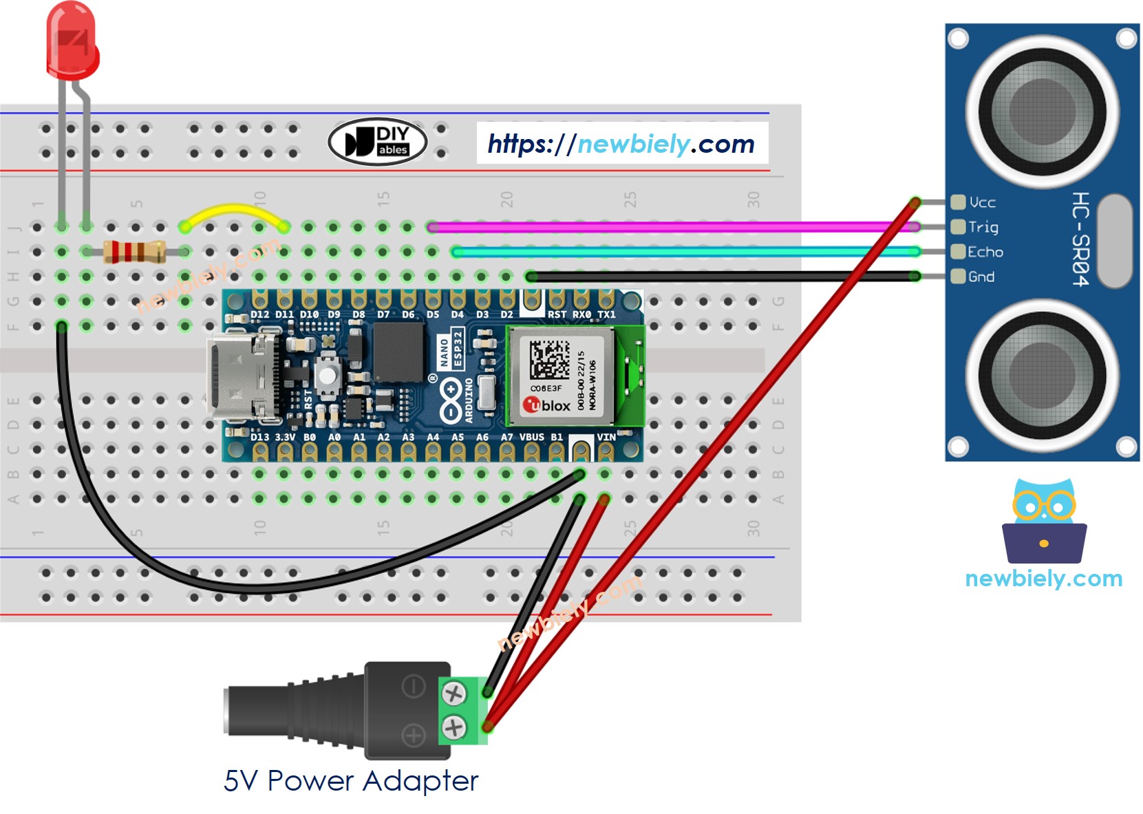 Diagrama de Ligação do Sensor Ultrassônico e LED com o Arduino Nano ESP32 com fonte de alimentação de 5v