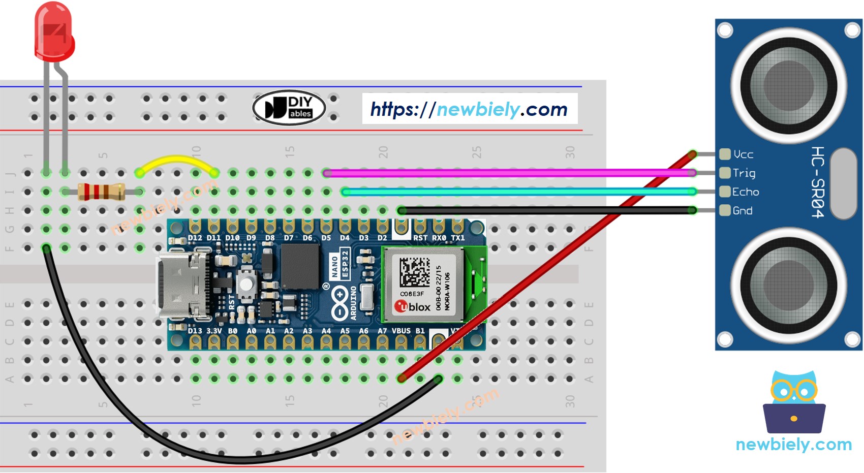 Diagrama de Ligação do Sensor Ultrassônico e LED com o Arduino Nano ESP32