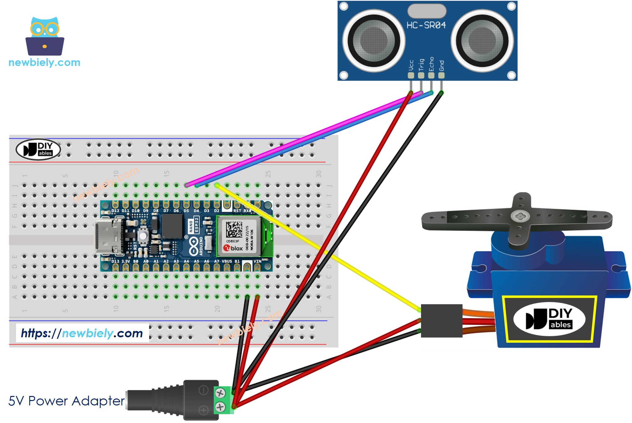 Diagrama de Ligação do Sensor Ultrassônico e Servo Motor com o Arduino Nano ESP32