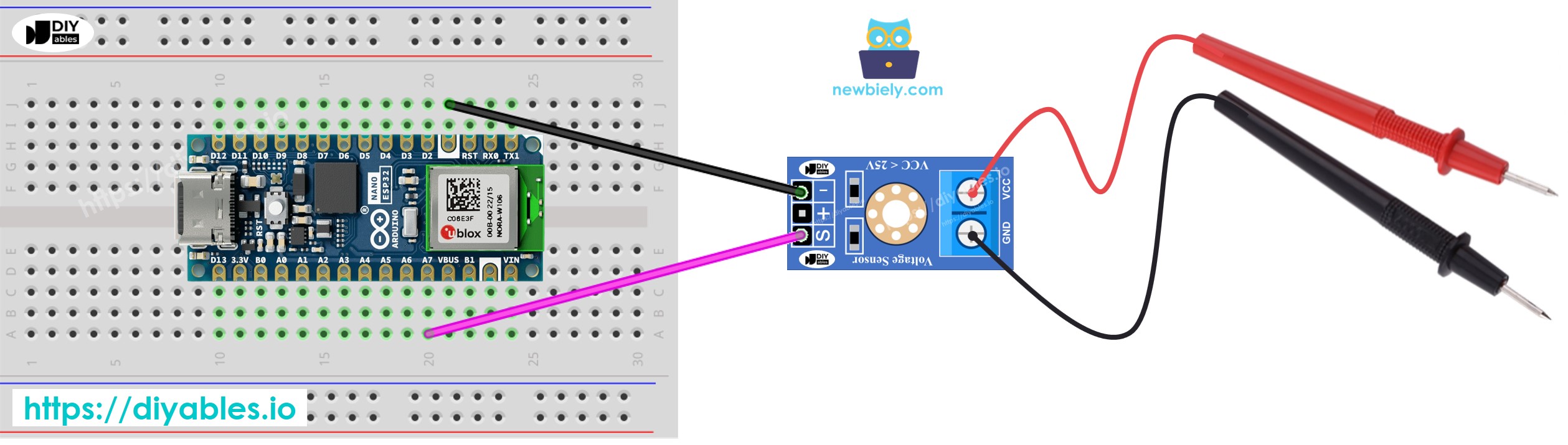 Diagrama de Ligação do sensor de tensão com o Arduino Nano ESP32