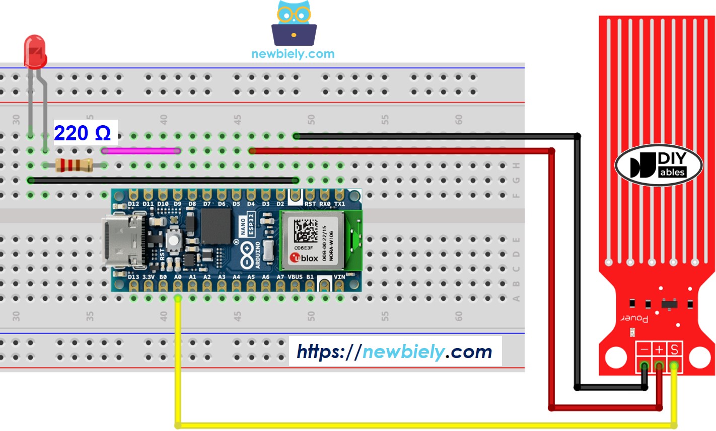Diagrama de ligação do Sensor de Água com LED e o Arduino Nano ESP32