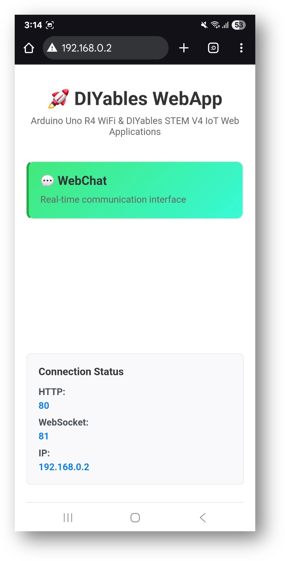 Página inicial do DIYables WebApp do Arduino Nano ESP32 com o app Web Chat