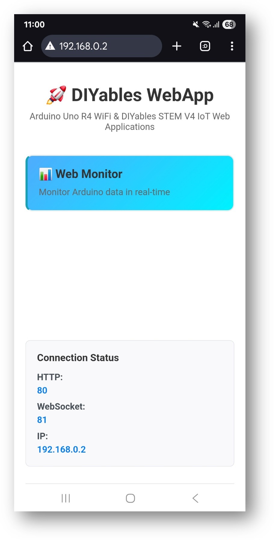 Página inicial do DIYables WebApp do Arduino Nano ESP32 com o app Web Monitor