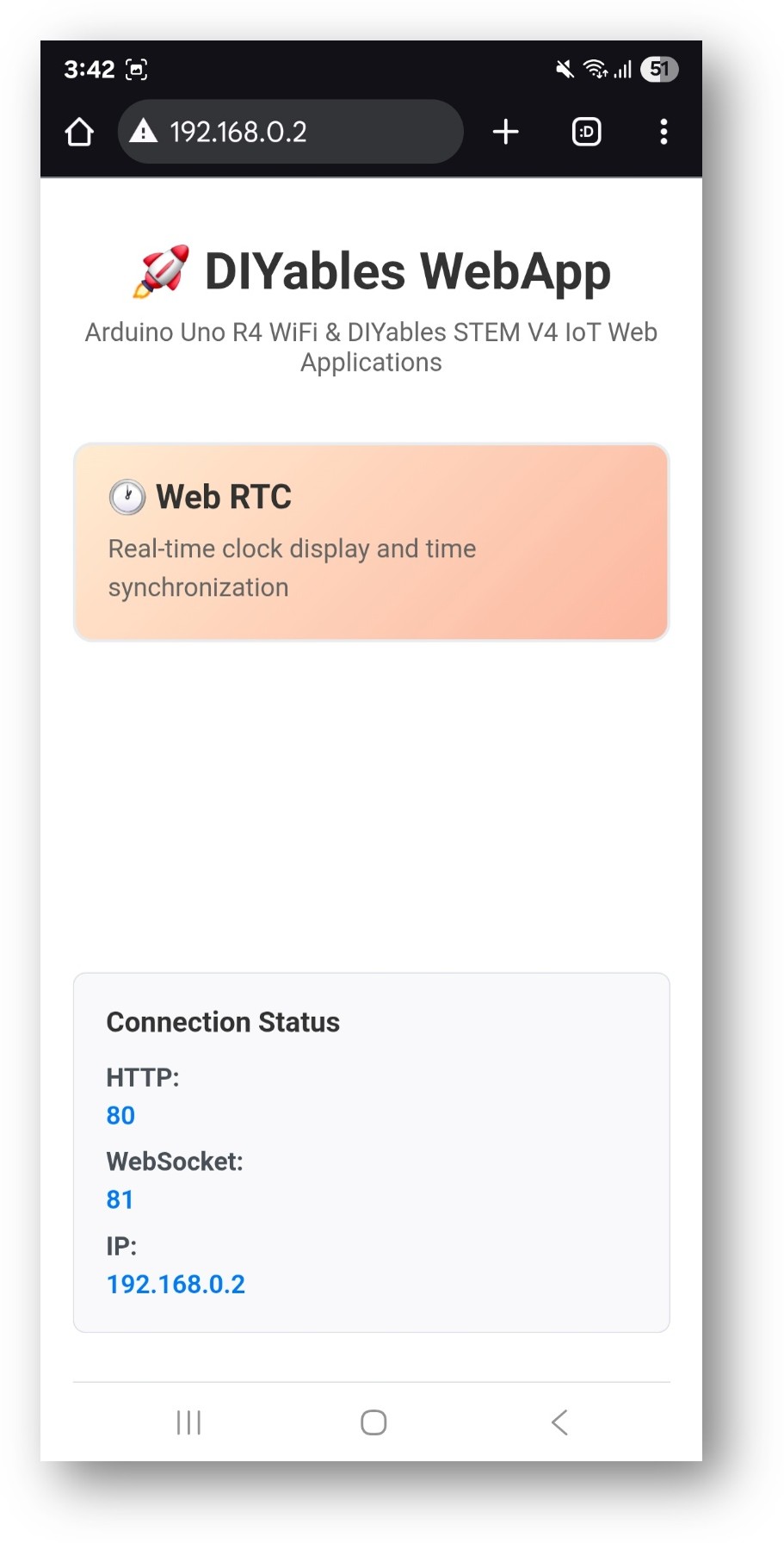Página inicial do DIYables WebApp do Arduino Nano ESP32 com o app Web RTC