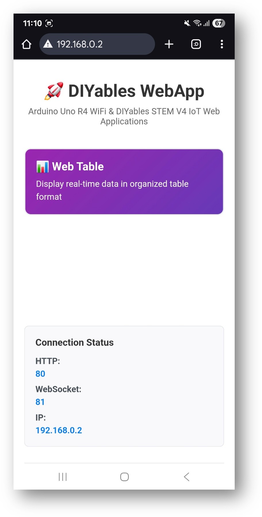 Página inicial do DIYables WebApp do Arduino Nano ESP32 com o app Web Table