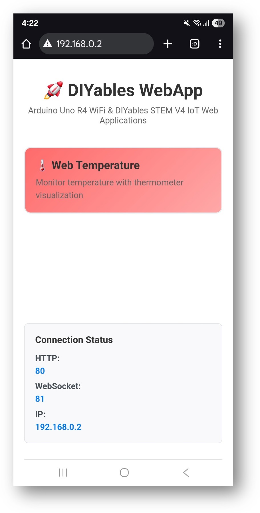 Página inicial do DIYables WebApp do Arduino Nano ESP32 com o app Web Temperature