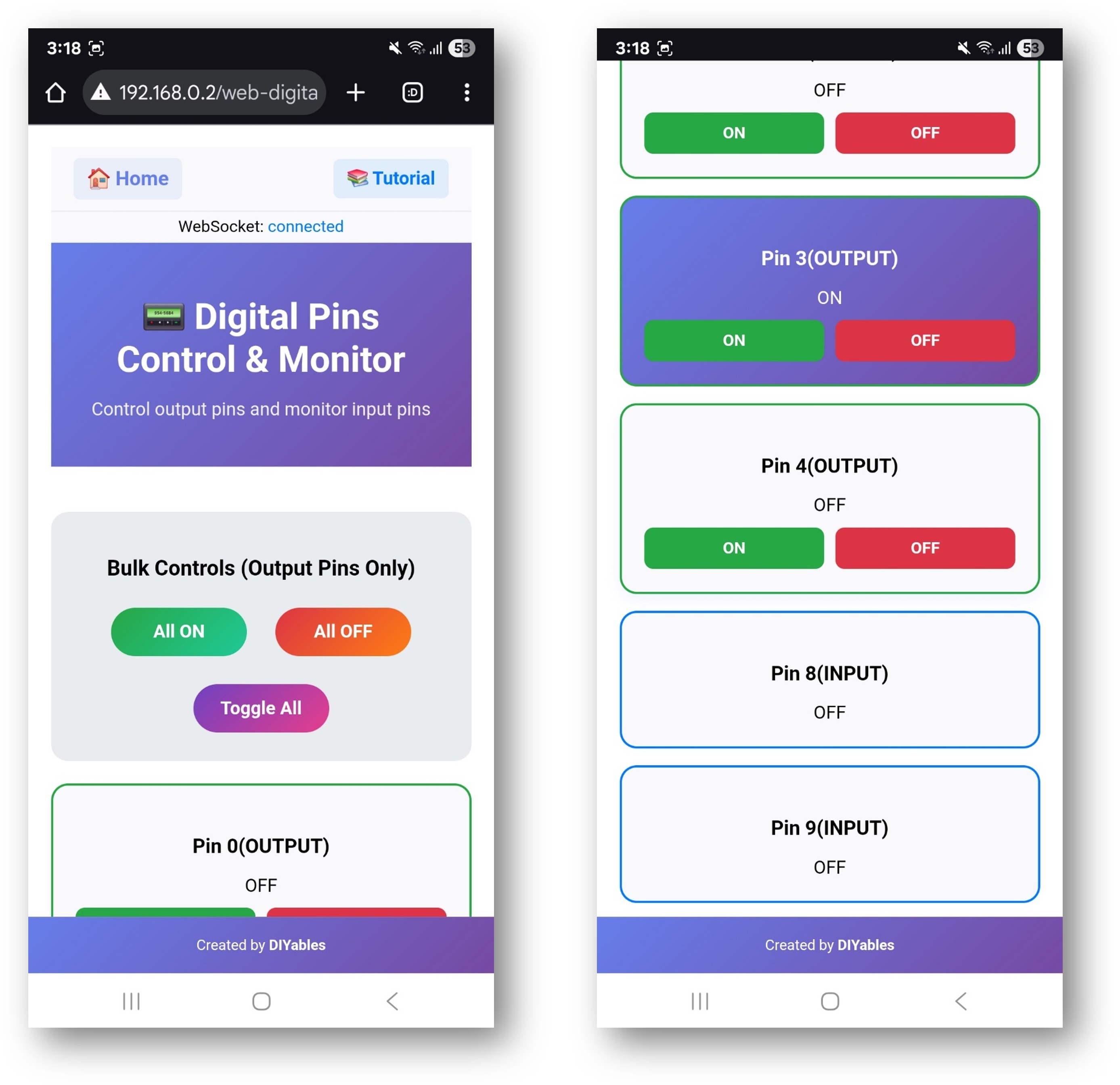 App Web Digital Pins do DIYables WebApp do Arduino Nano ESP32