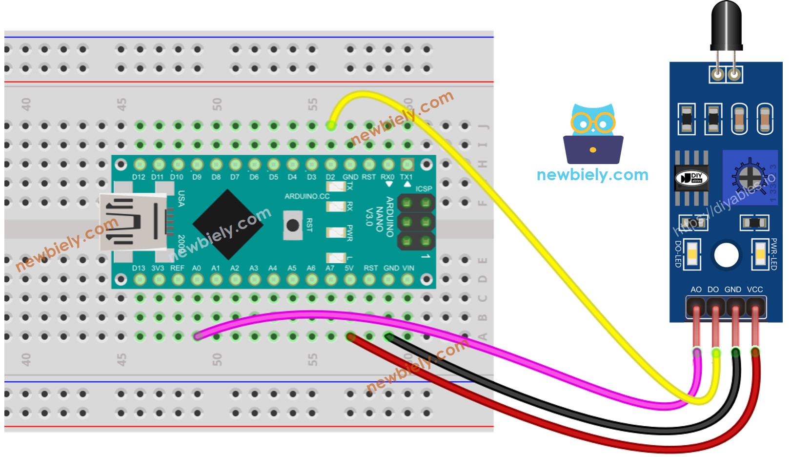 The wiring diagram between Arduino Nano and infrared flame sensor