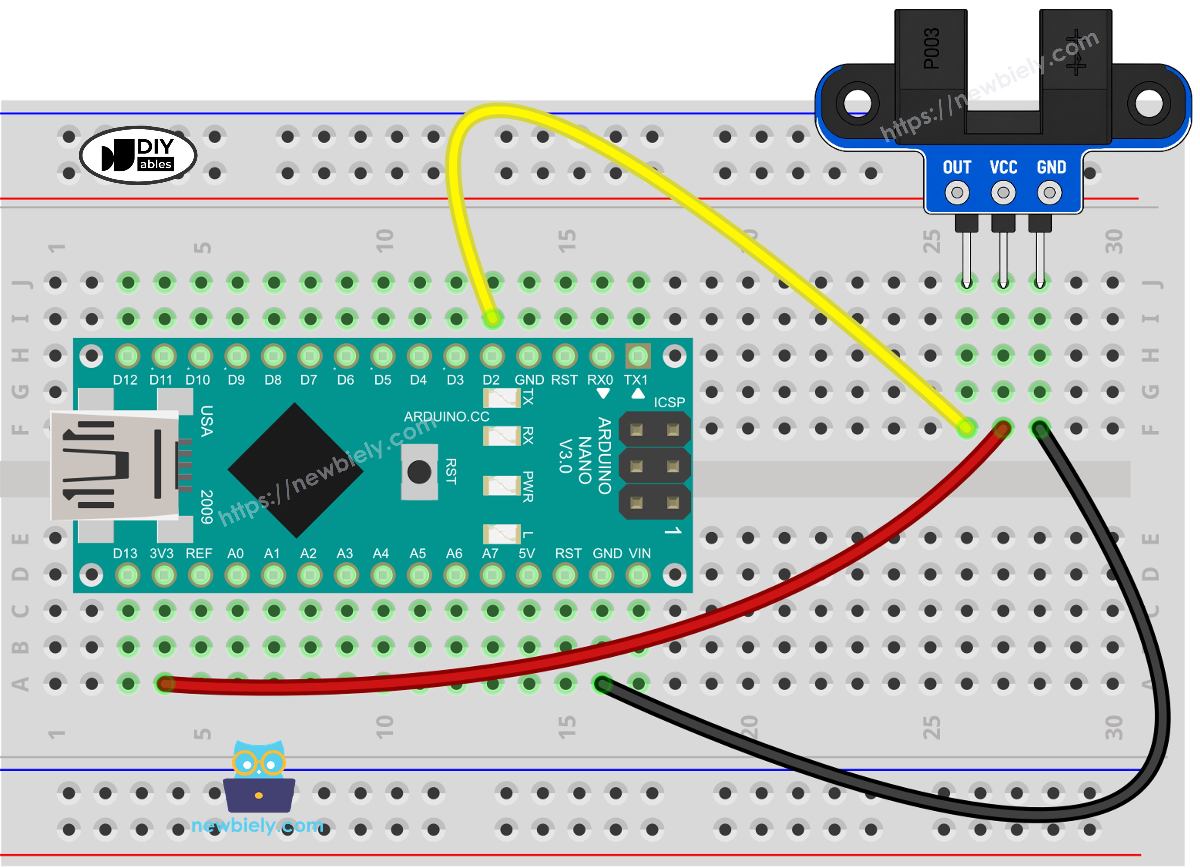 The wiring diagram between Arduino Nano and IR Slotted Optical Speed Sensor