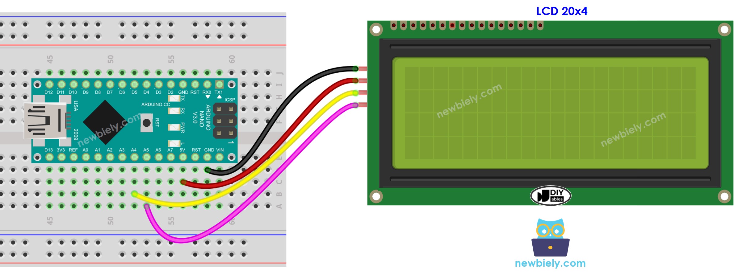 The wiring diagram between Arduino Nano and LCD I2C