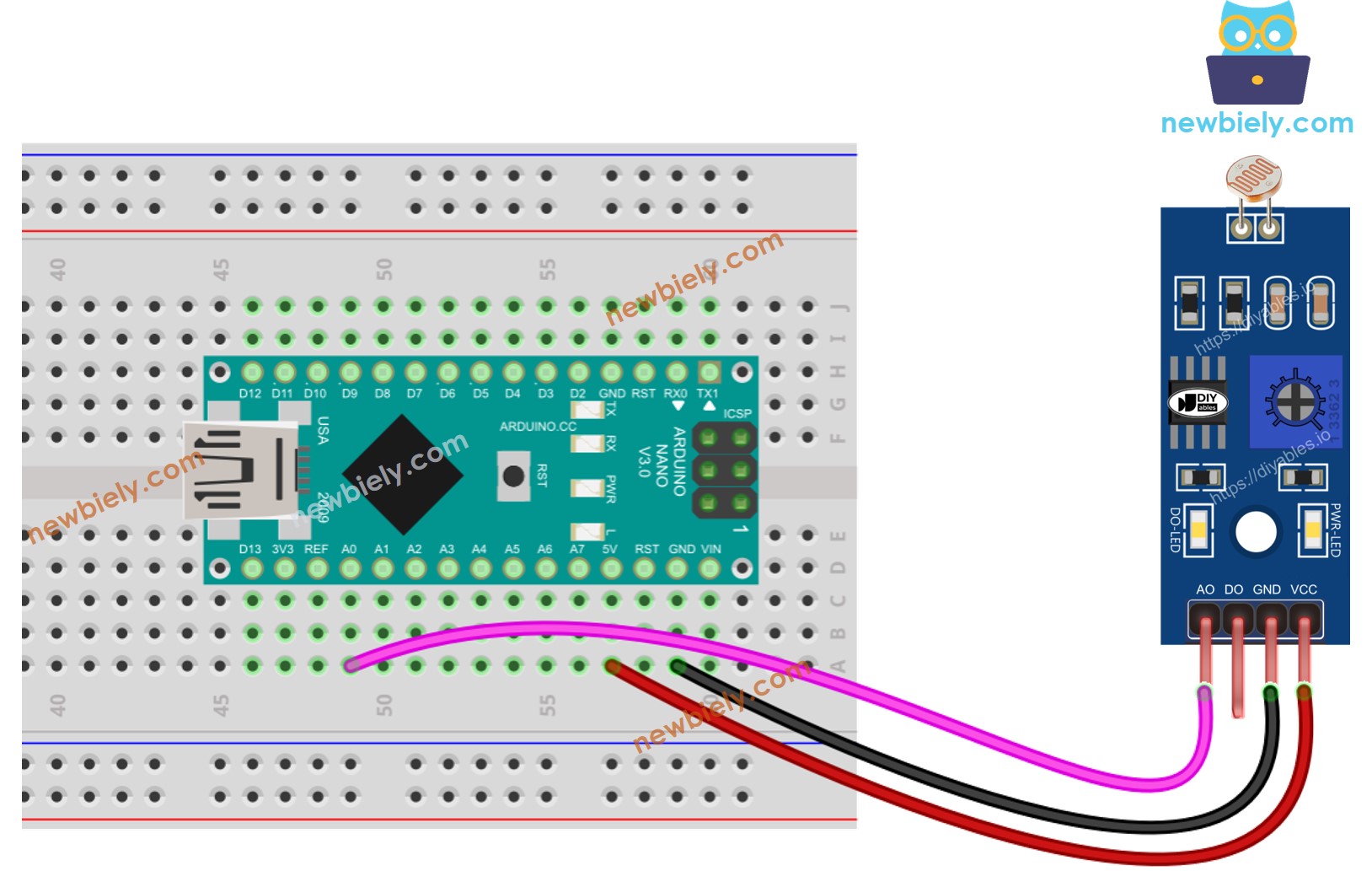 The wiring diagram between Arduino Nano and LDR Module