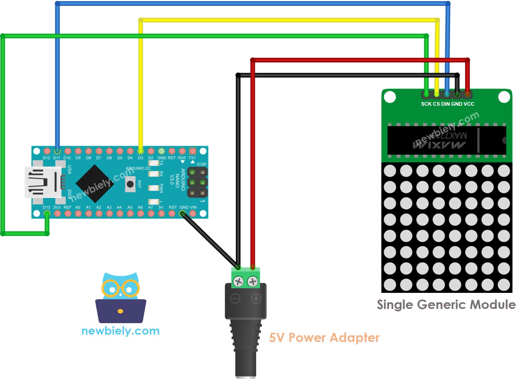 Diagrama de ligação da matriz de LED 8x8 genérica com Arduino Nano