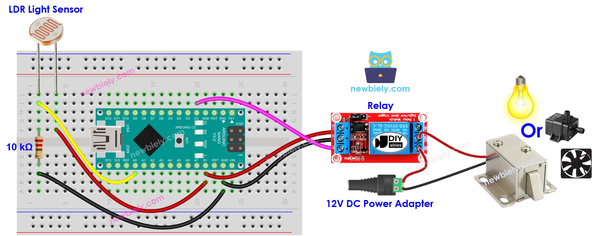 The wiring diagram between Arduino Nano and Light Sensor Relay Light Bulb