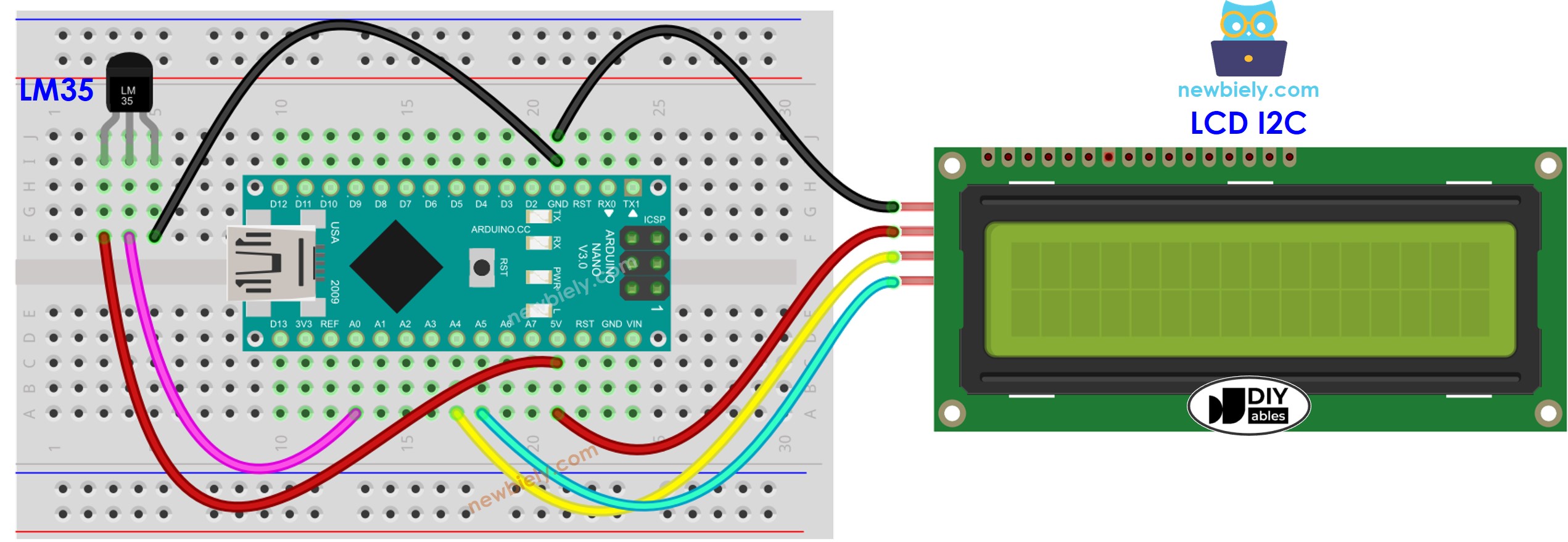 Diagrama de ligação do Arduino Nano com o Sensor de Temperatura LM35 e o LCD