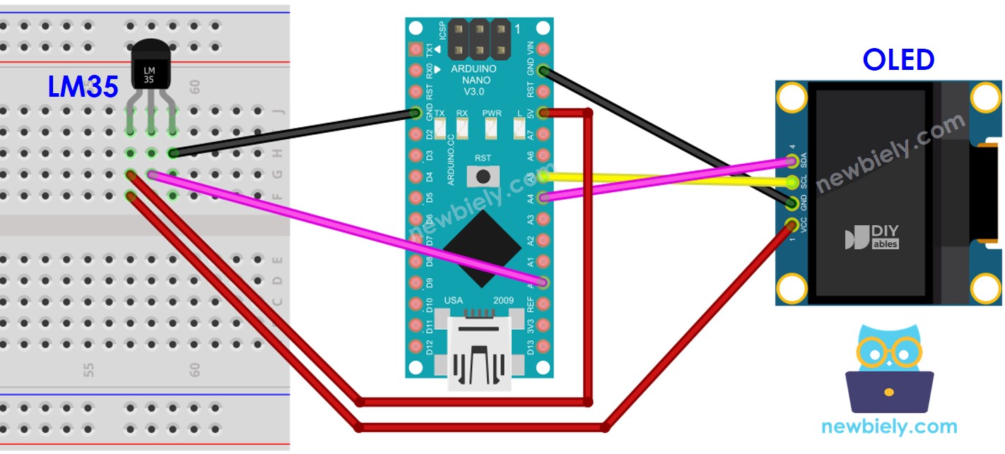 Diagrama de ligação do Arduino Nano com o Sensor de Temperatura LM35 e o OLED