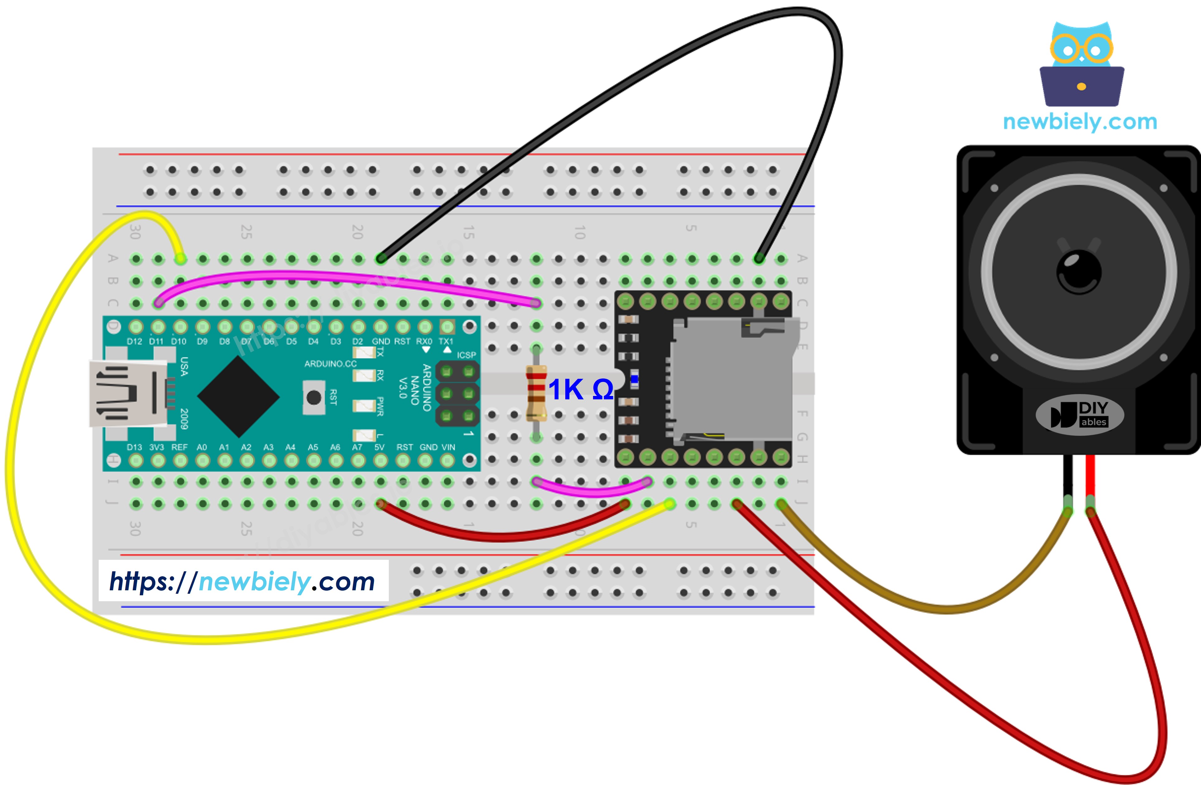 Diagrama de ligação do Mini Mp3 Player com Arduino Nano