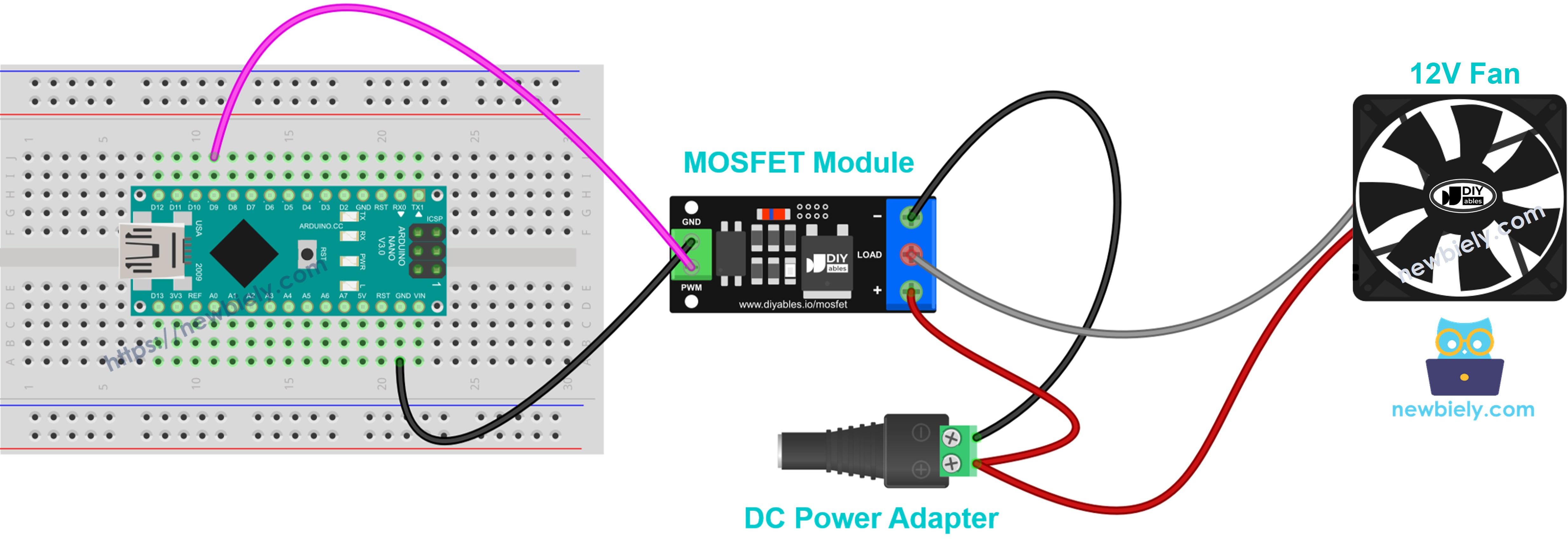 The wiring diagram between Arduino Nano and cooling fan MOSFET module