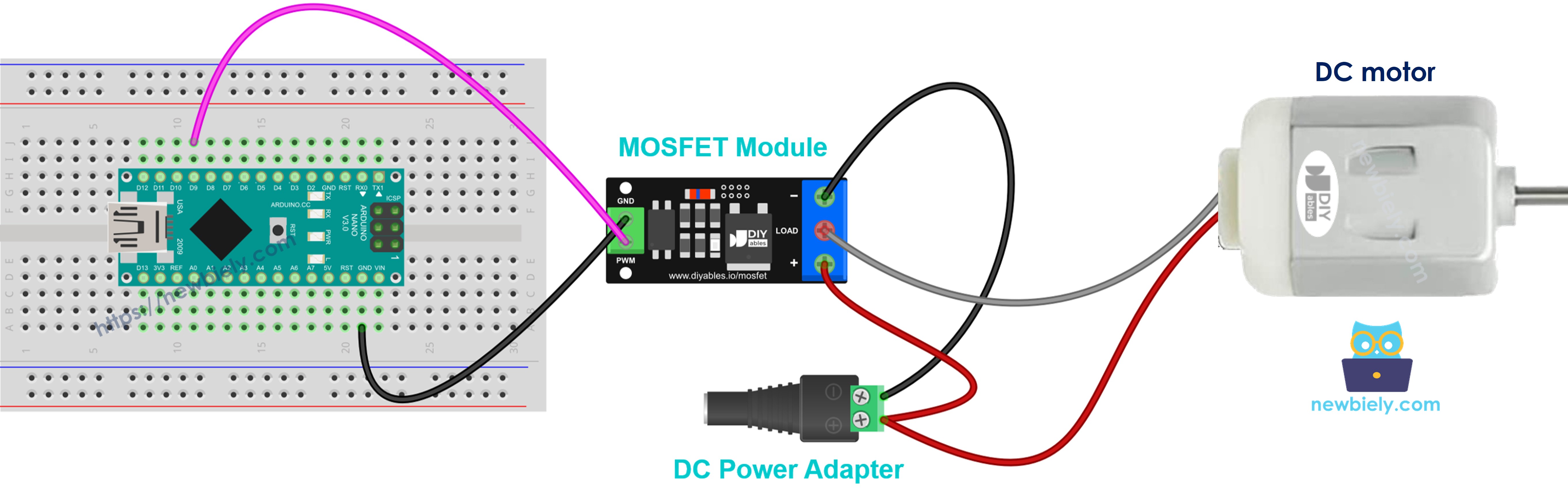 12V DC motor connected to a MOSFET module