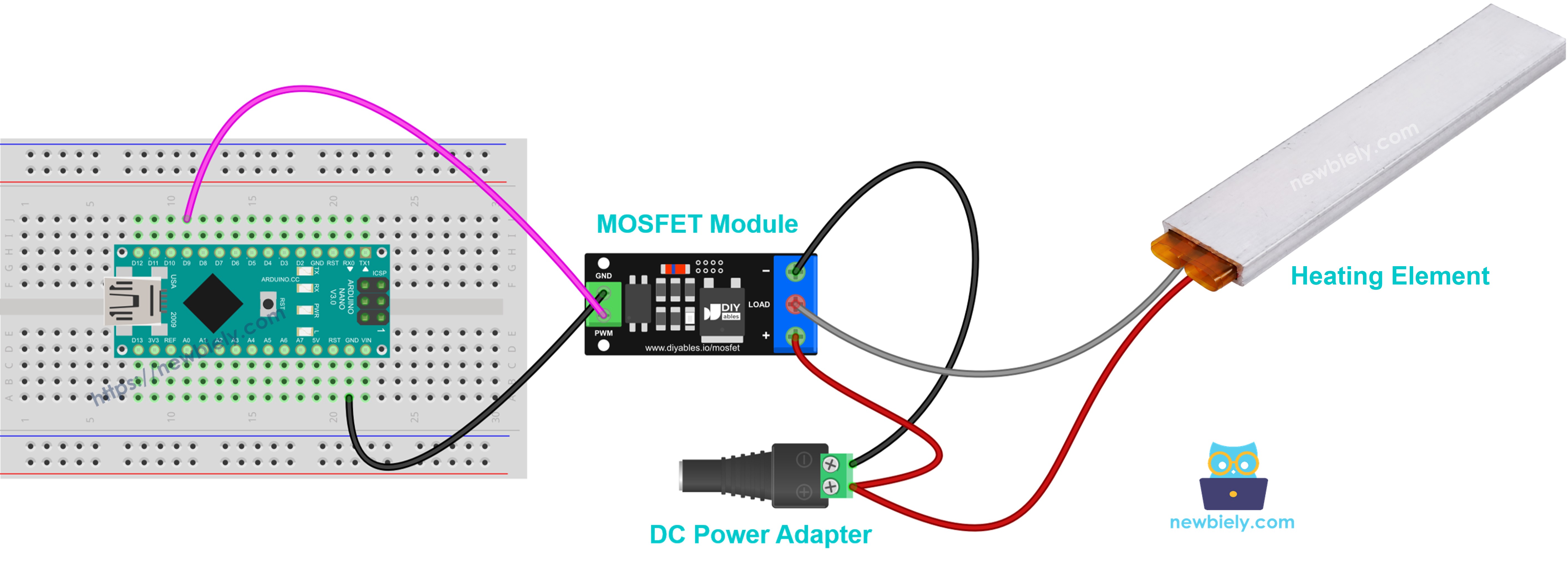 The wiring diagram between Arduino Nano and heating element MOSFET module