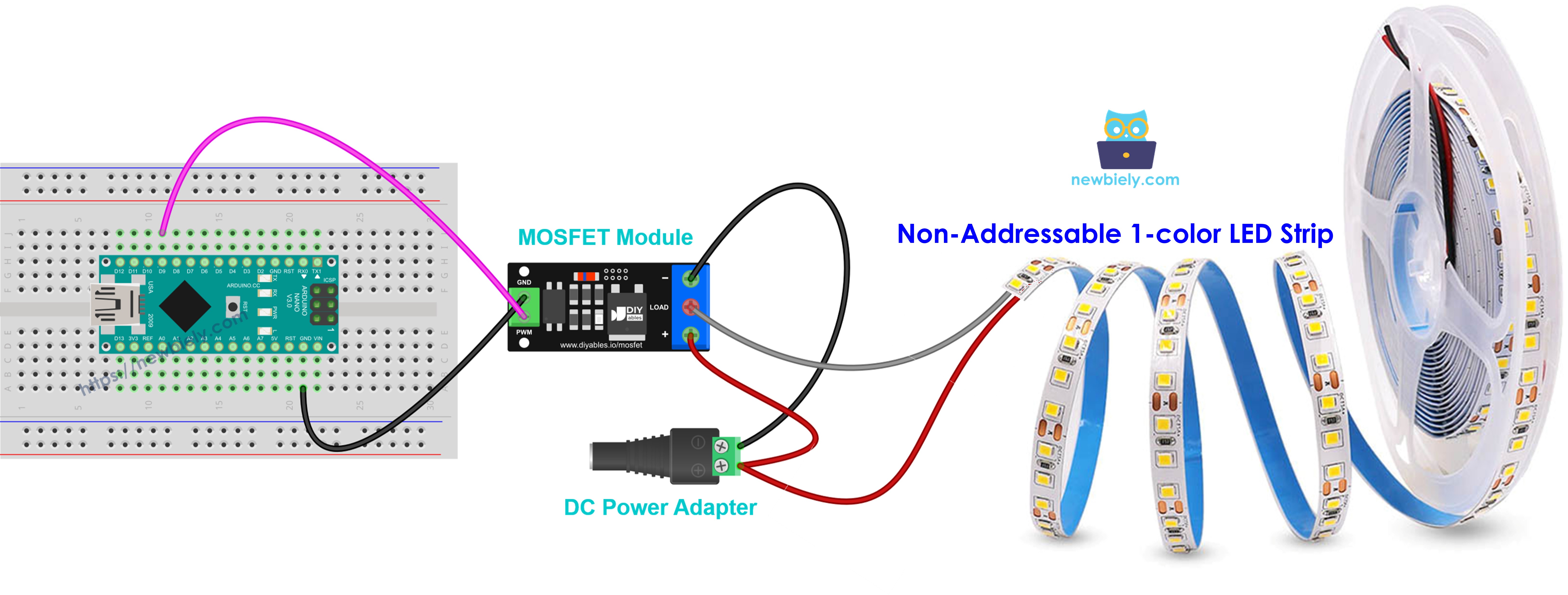 Diagrama de ligação do Arduino Nano com módulo MOSFET e fita LED