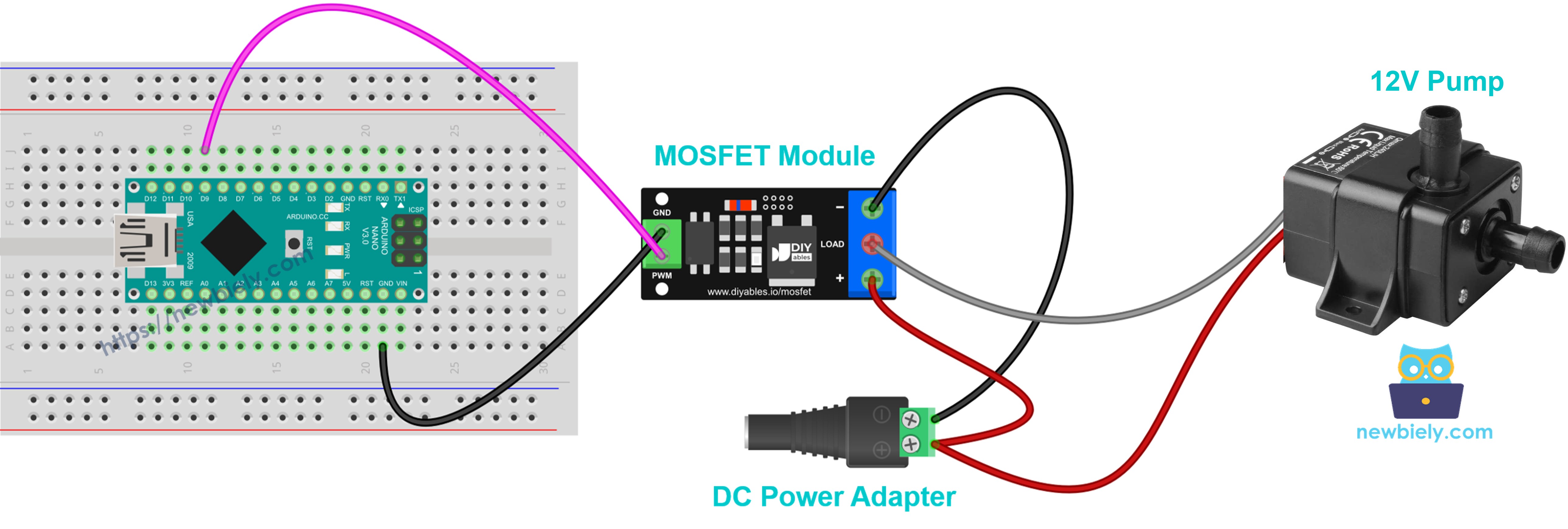 Diagrama de ligação da bomba de água com módulo MOSFET e Arduino Nano