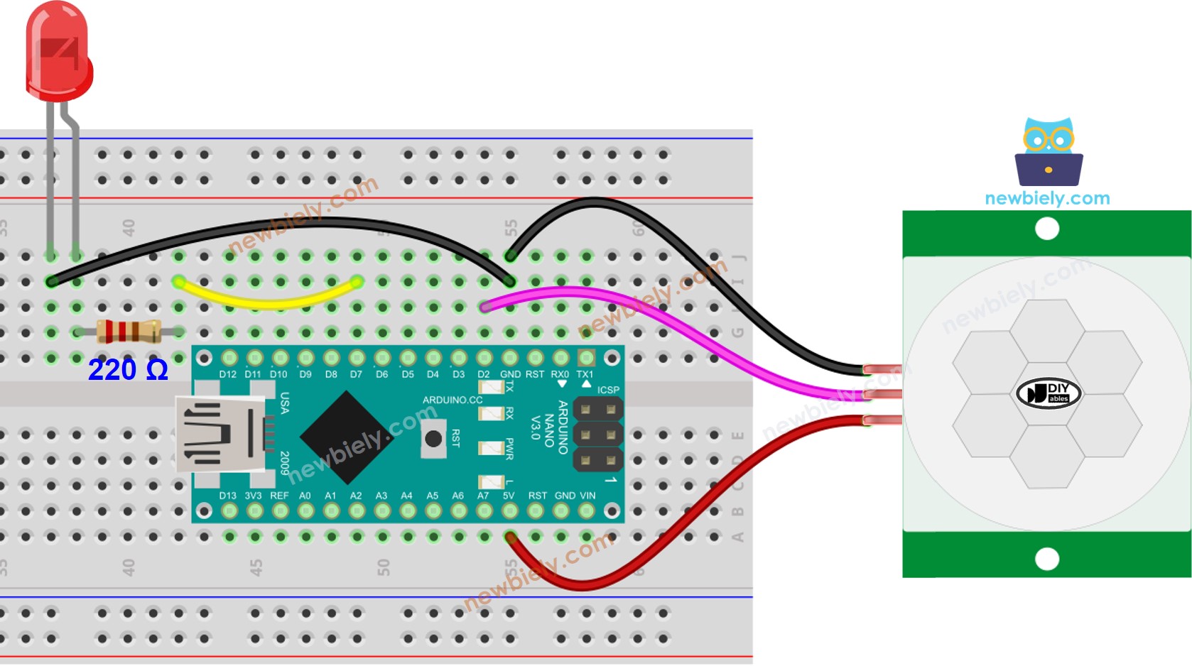 Diagrama de ligação do Arduino Nano com sensor de movimento e LED