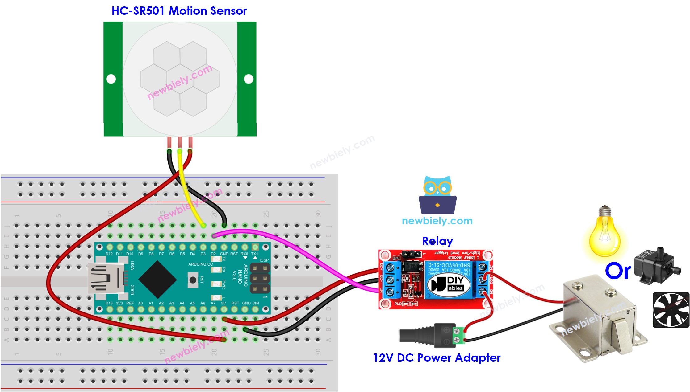 Diagrama de ligação do Arduino Nano com sensor de movimento e relé