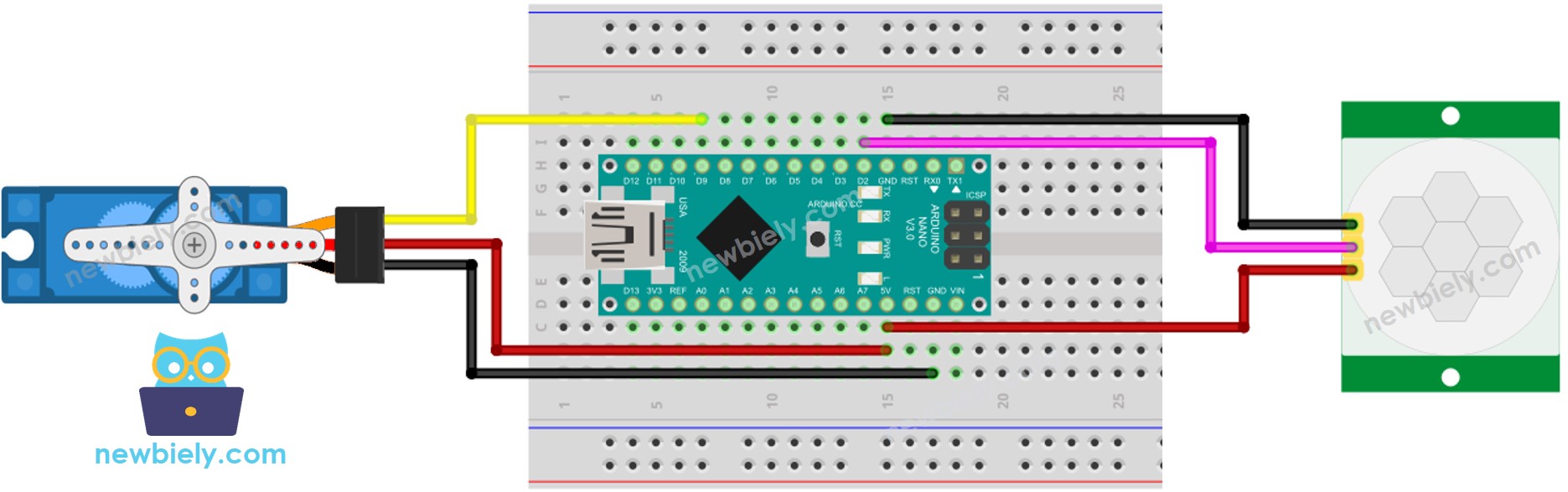 The wiring diagram between Arduino Nano and Motion Sensor Servo Motor