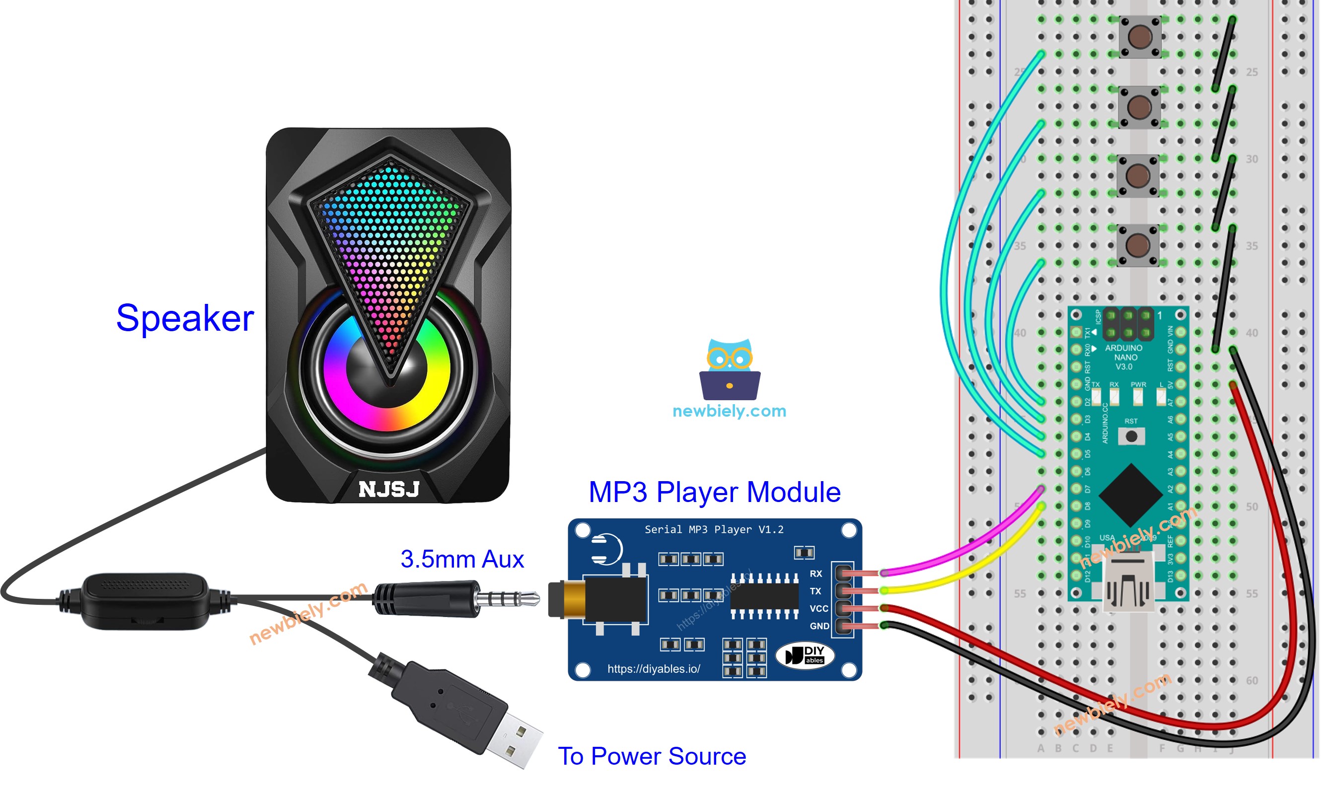 Diagrama de Ligação do player de MP3 com alto-falante e Arduino Nano