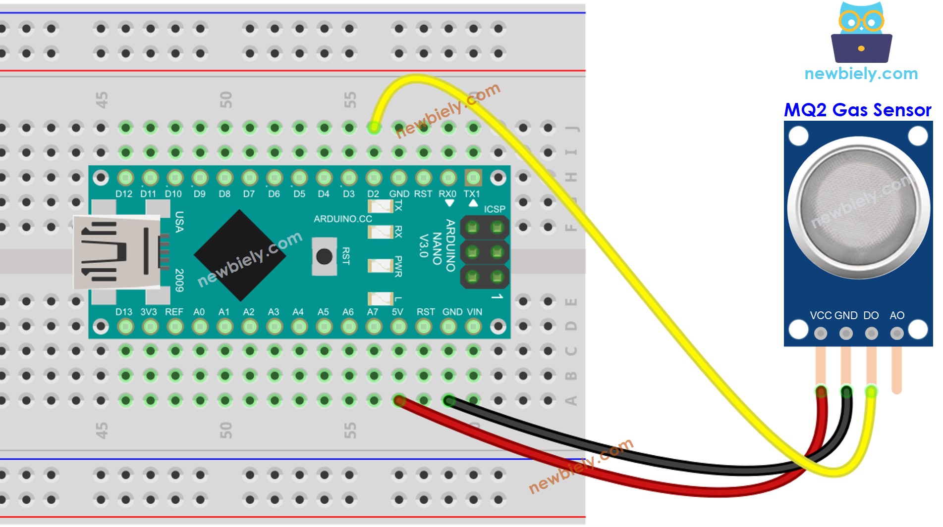 The wiring diagram between Arduino Nano and MQ2 gas sensor