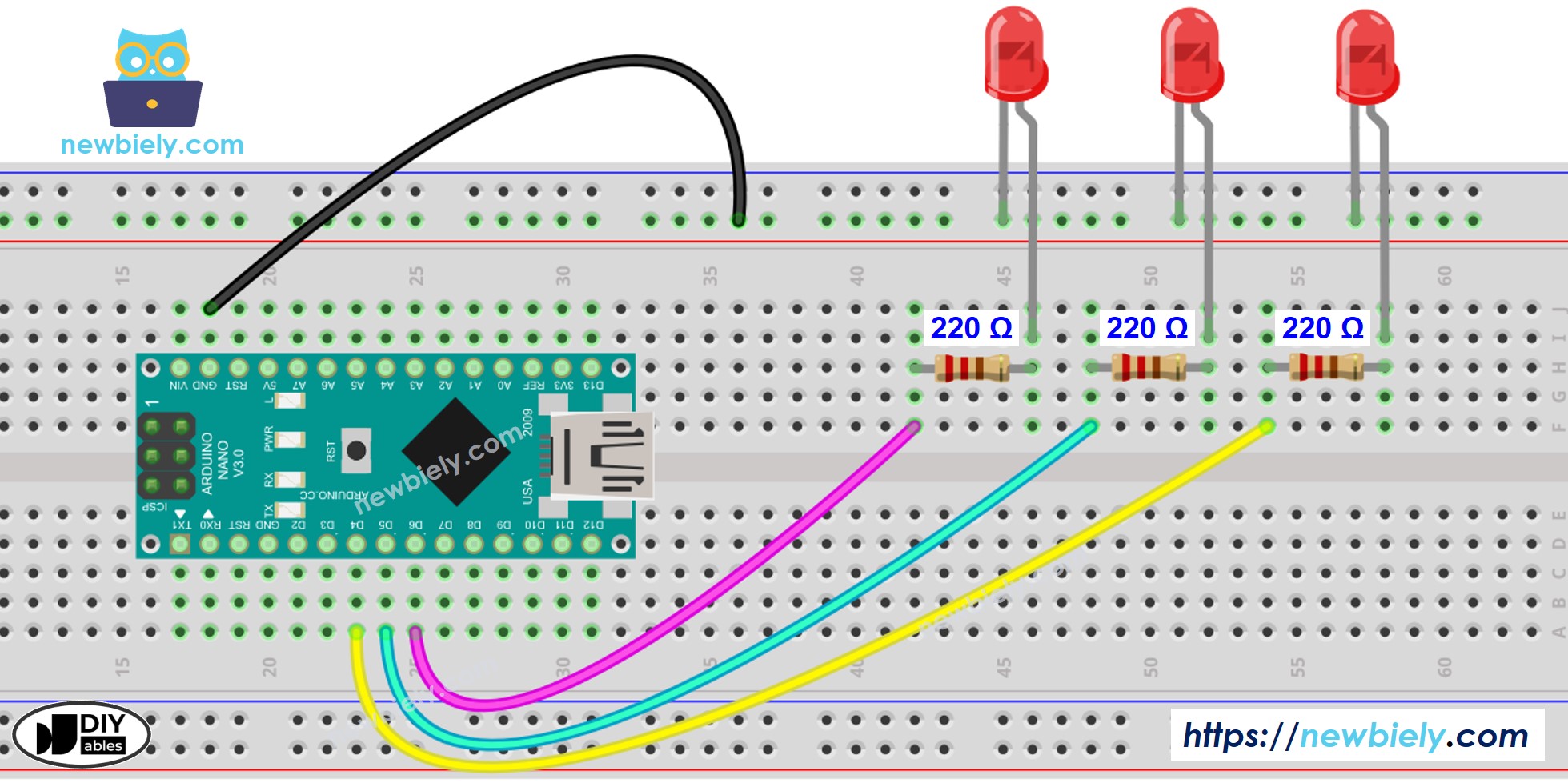 Diagrama de ligação de vários LEDs com Arduino Nano