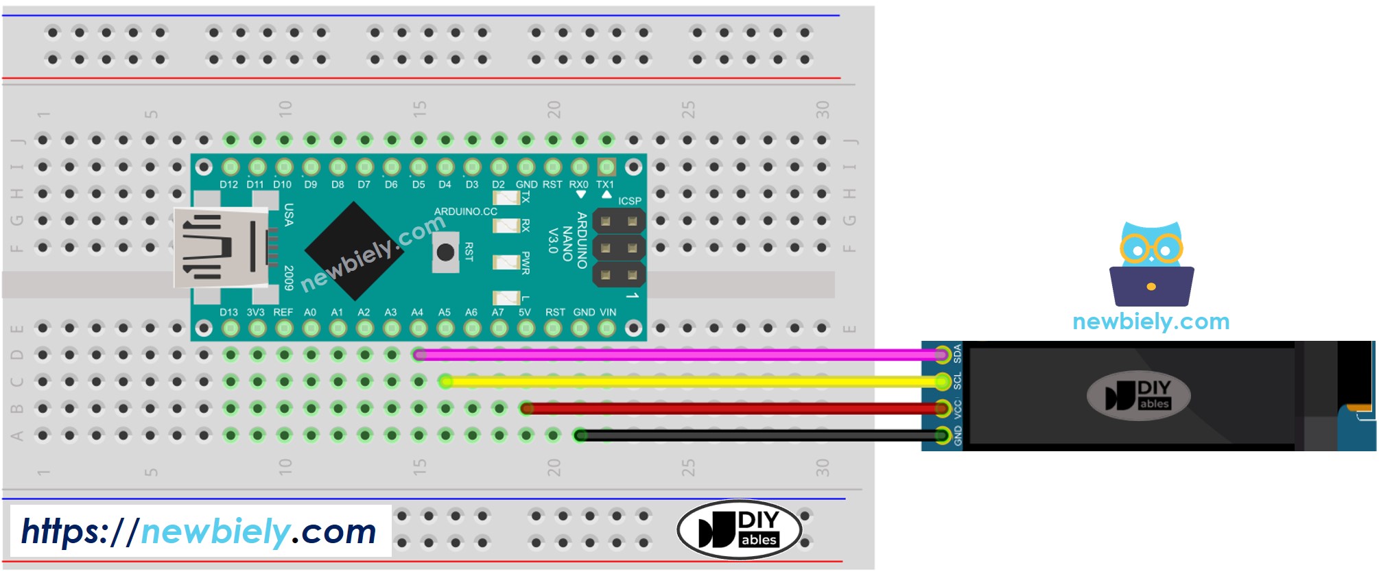Diagrama de ligação do OLED 128x32 com Arduino Nano